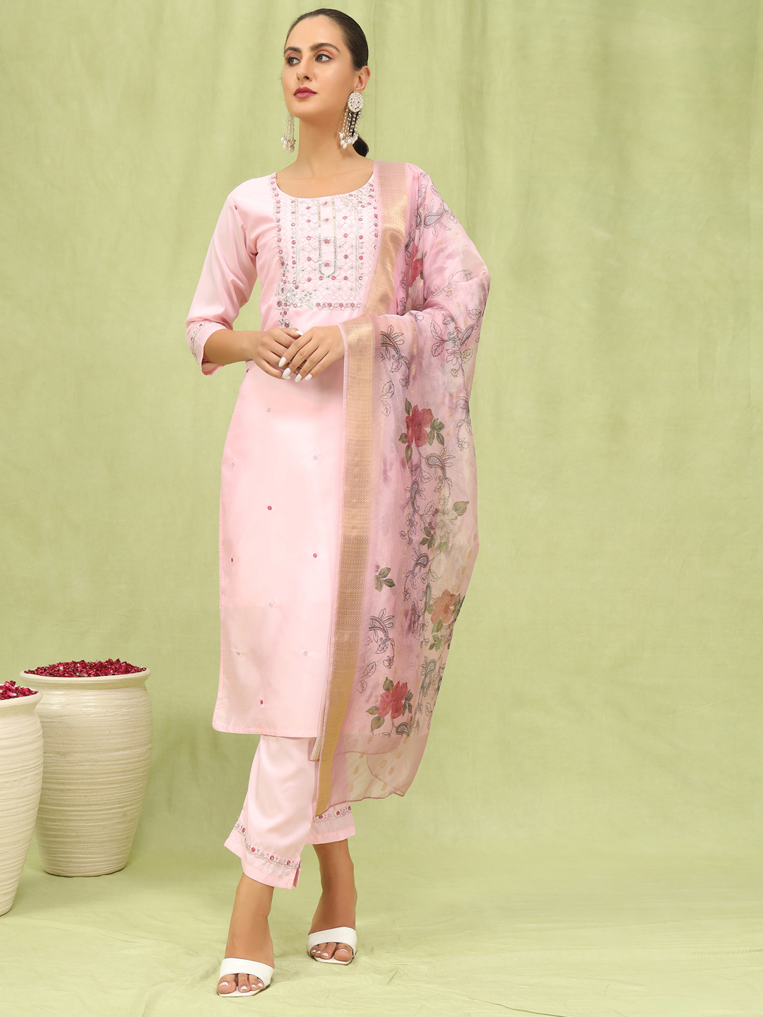 Light Pink Silk Blend Embroidered Readymade Salwar
