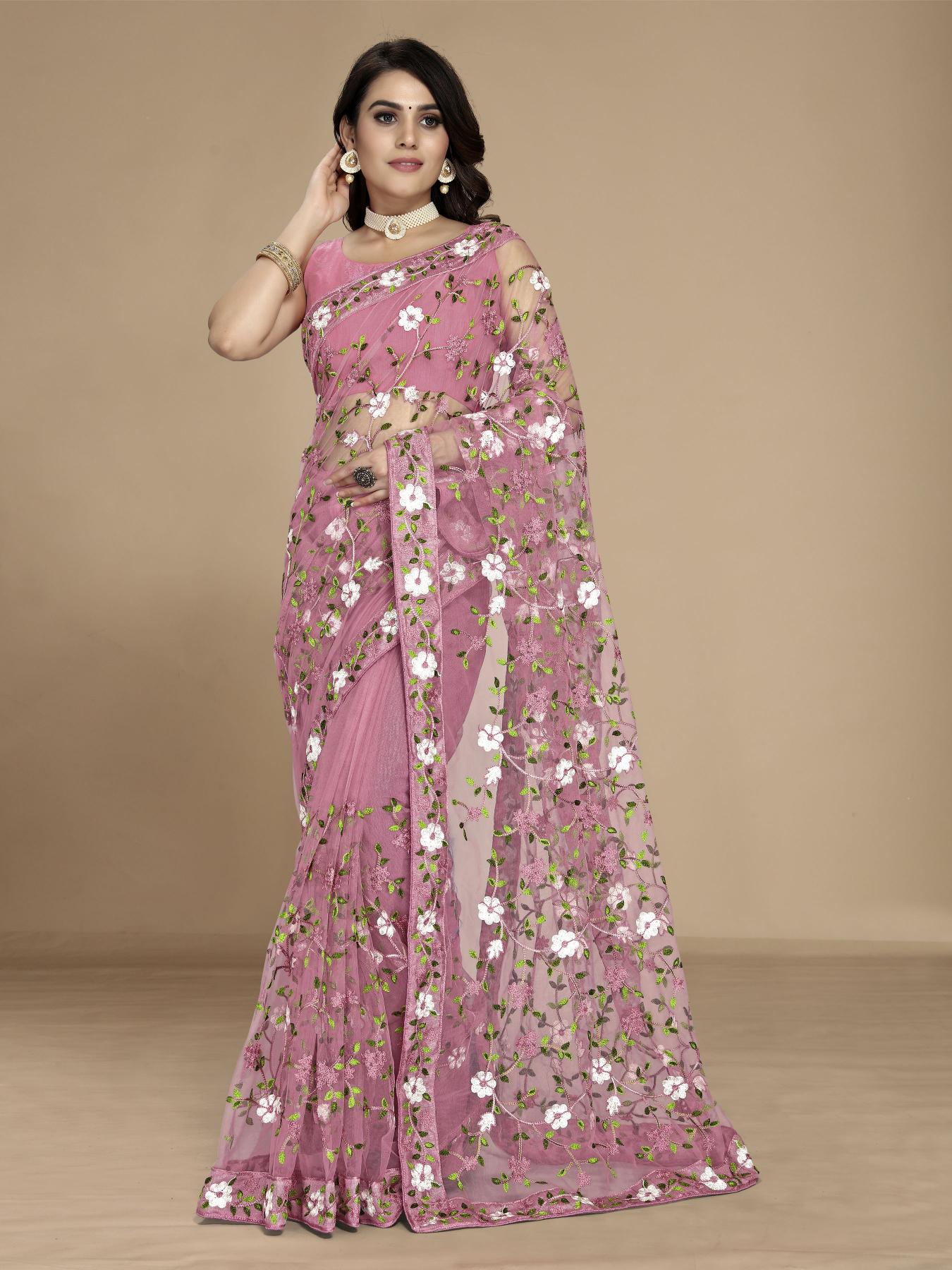 Light Pink Soft Net Embroidered Saree