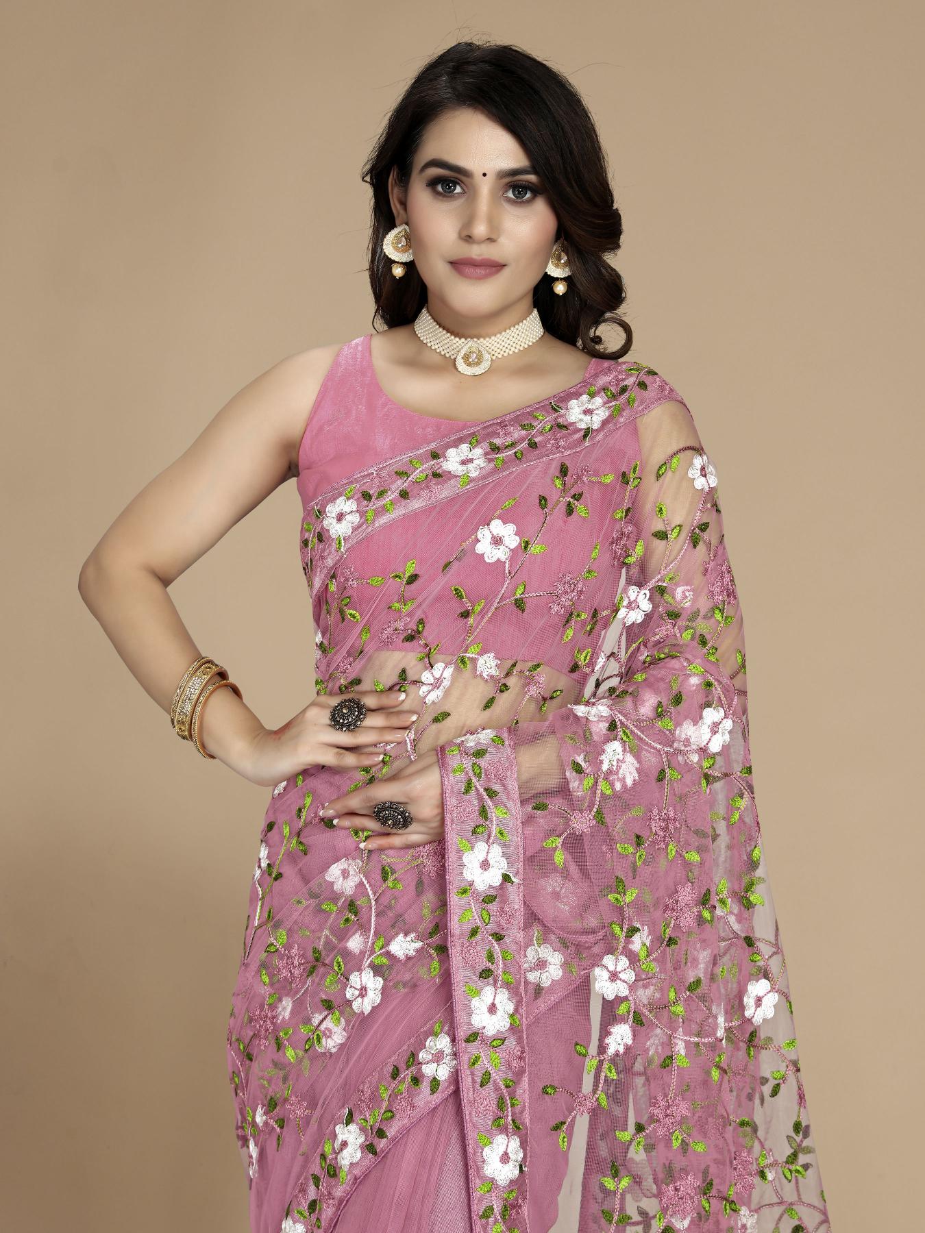 Light Pink Soft Net Embroidered Saree