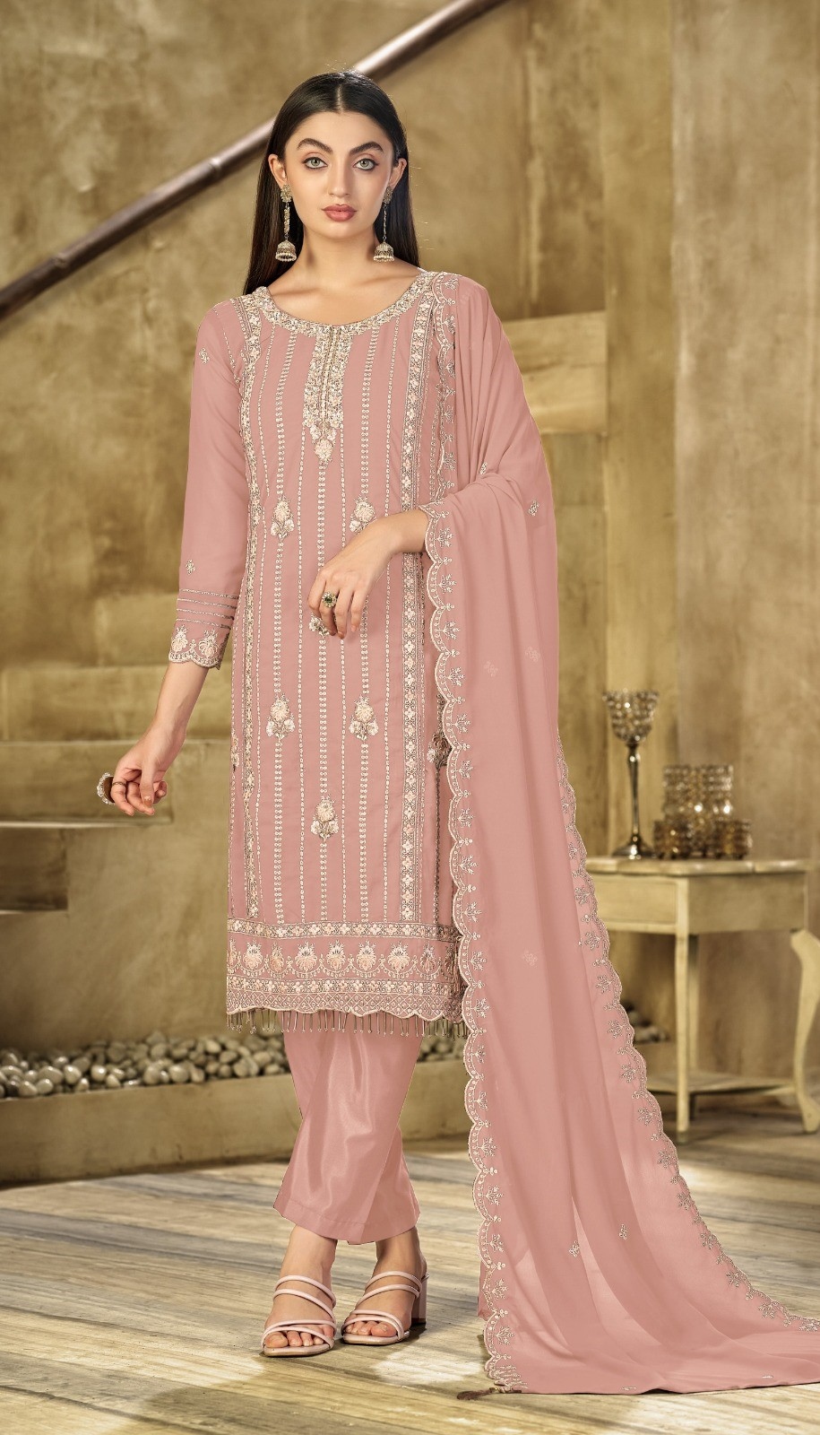 Light Pink Stripe Designer Embroidery Georgette Straight Suit