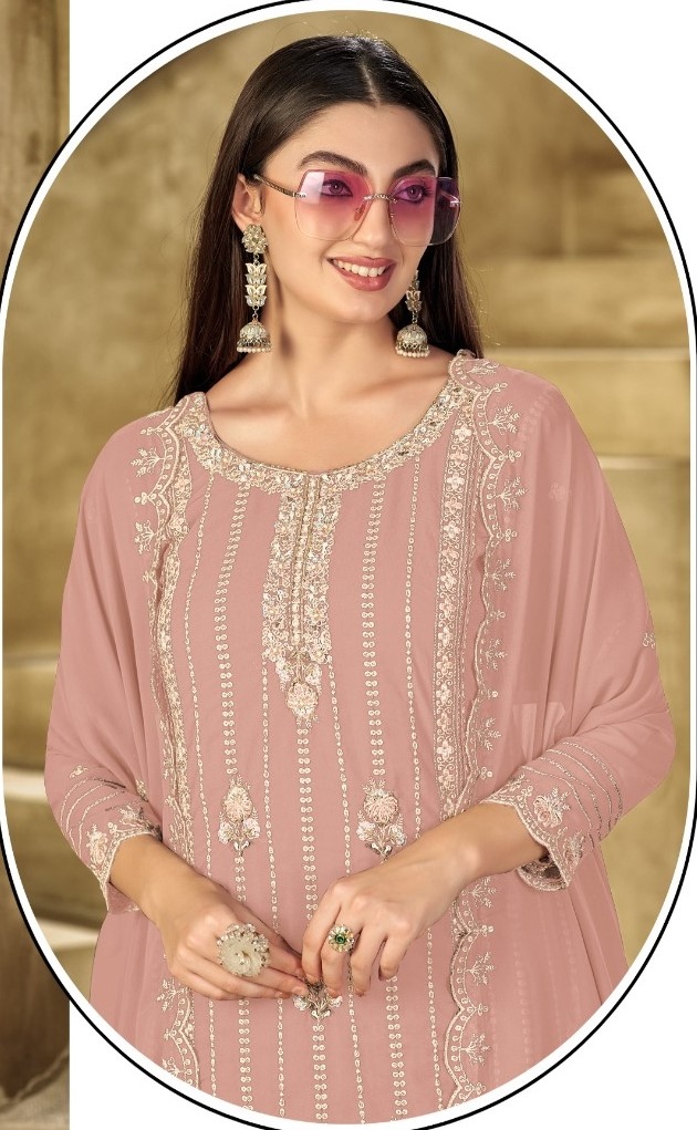 Light Pink Stripe Designer Embroidery Georgette Straight Suit — alternate view