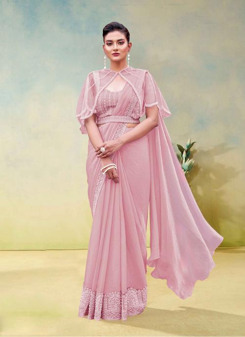 Light Pink Two Tone Satin Silk Ready To Wear Saree
