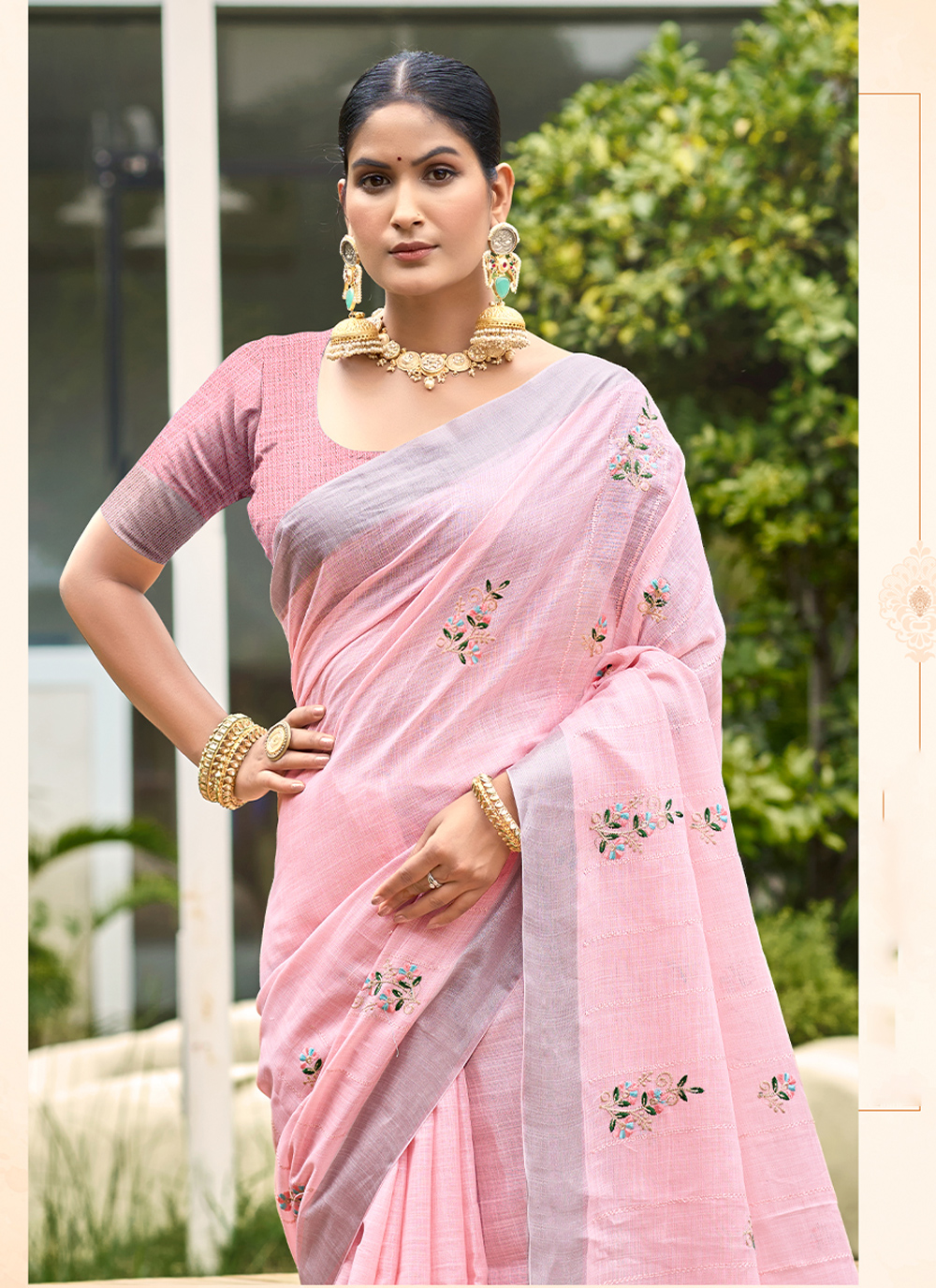 Light Pink Woven Embroidered Linen Saree — alternate view