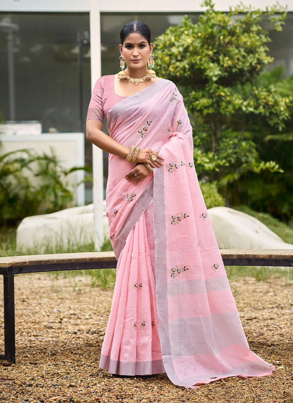 Light Pink Woven Embroidered Linen Saree