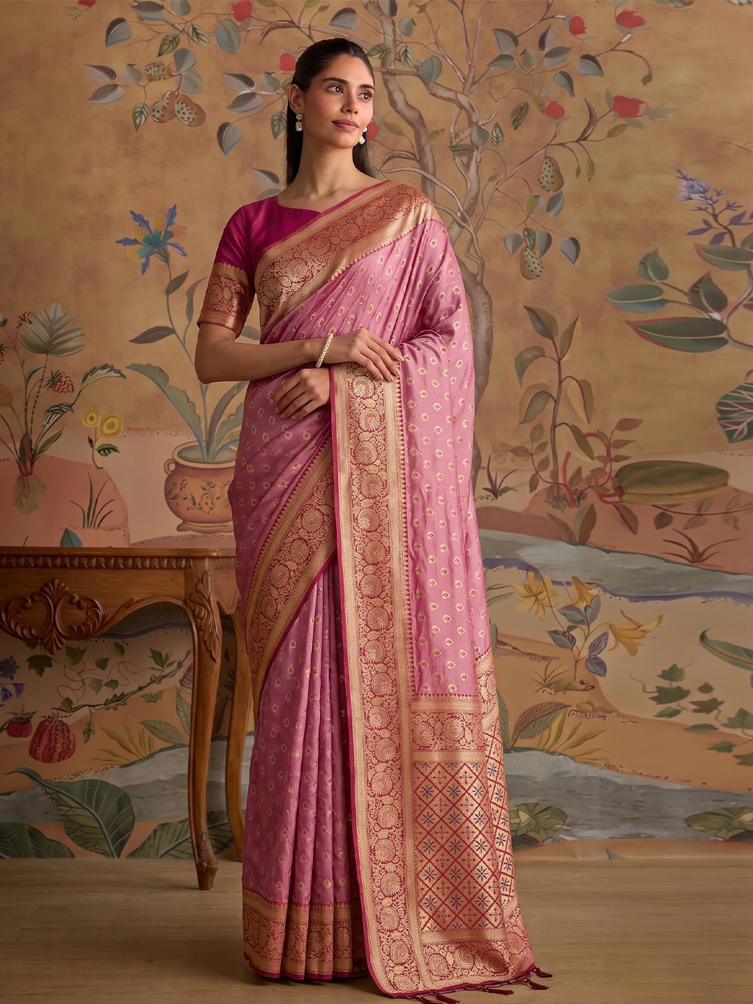 Light Pink Woven Zari Designer Silk Saree