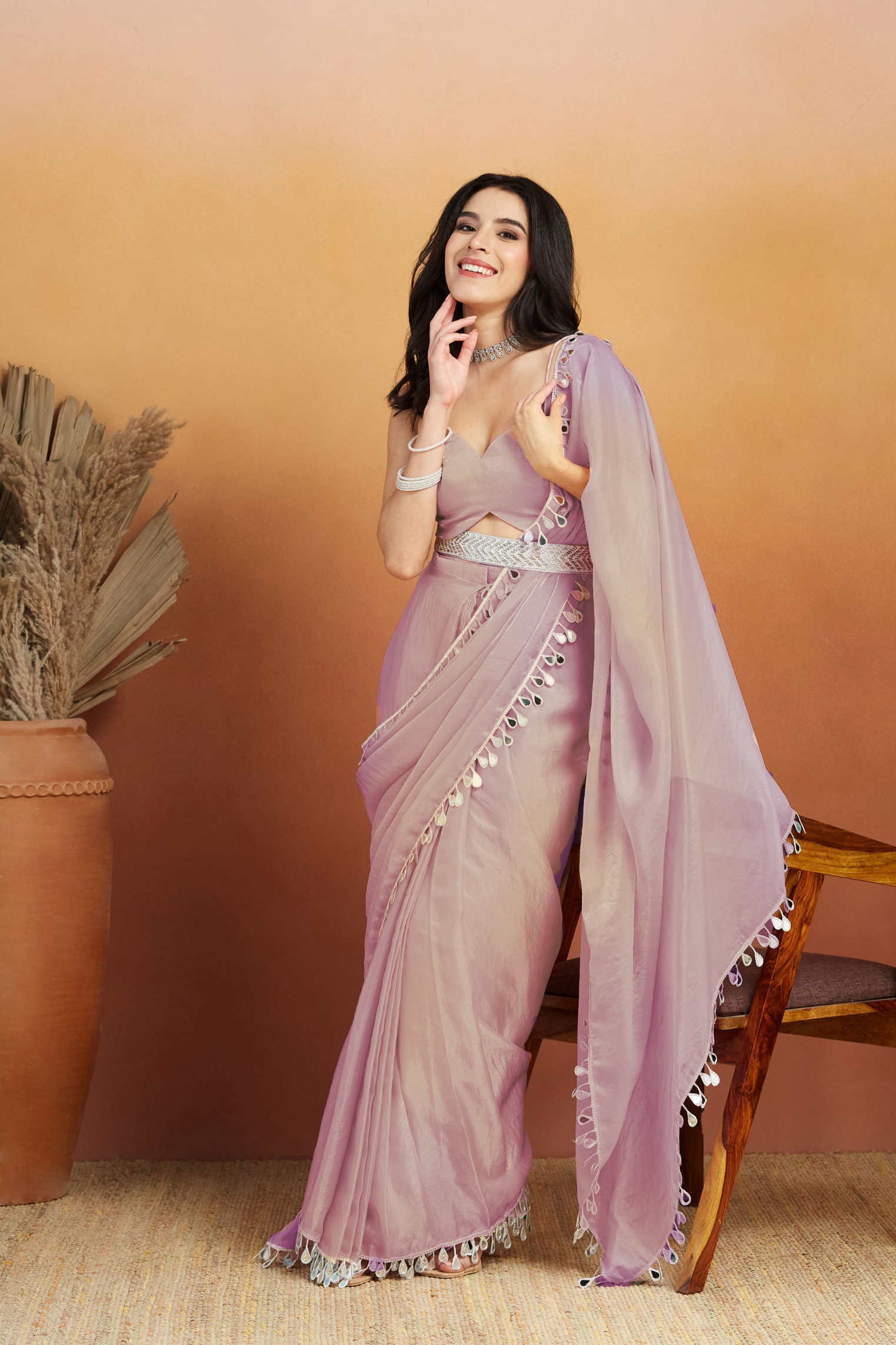 Light Purple Botanical Lace Ready To Wear Saree