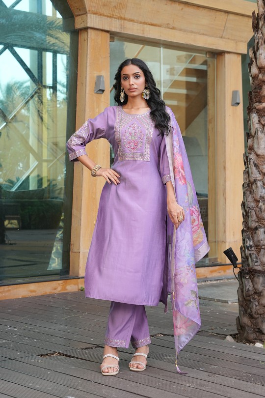 Light Purple Cotton Silk Embroidered Readymade Suit