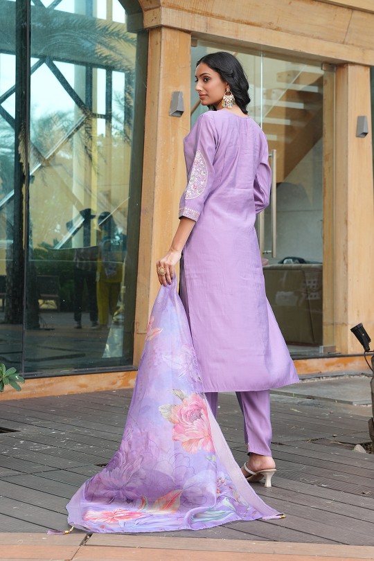Light Purple Cotton Silk Embroidered Readymade Suit — alternate view