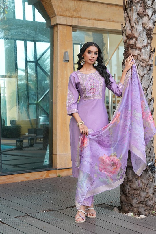 Light Purple Cotton Silk Embroidered Readymade Suit