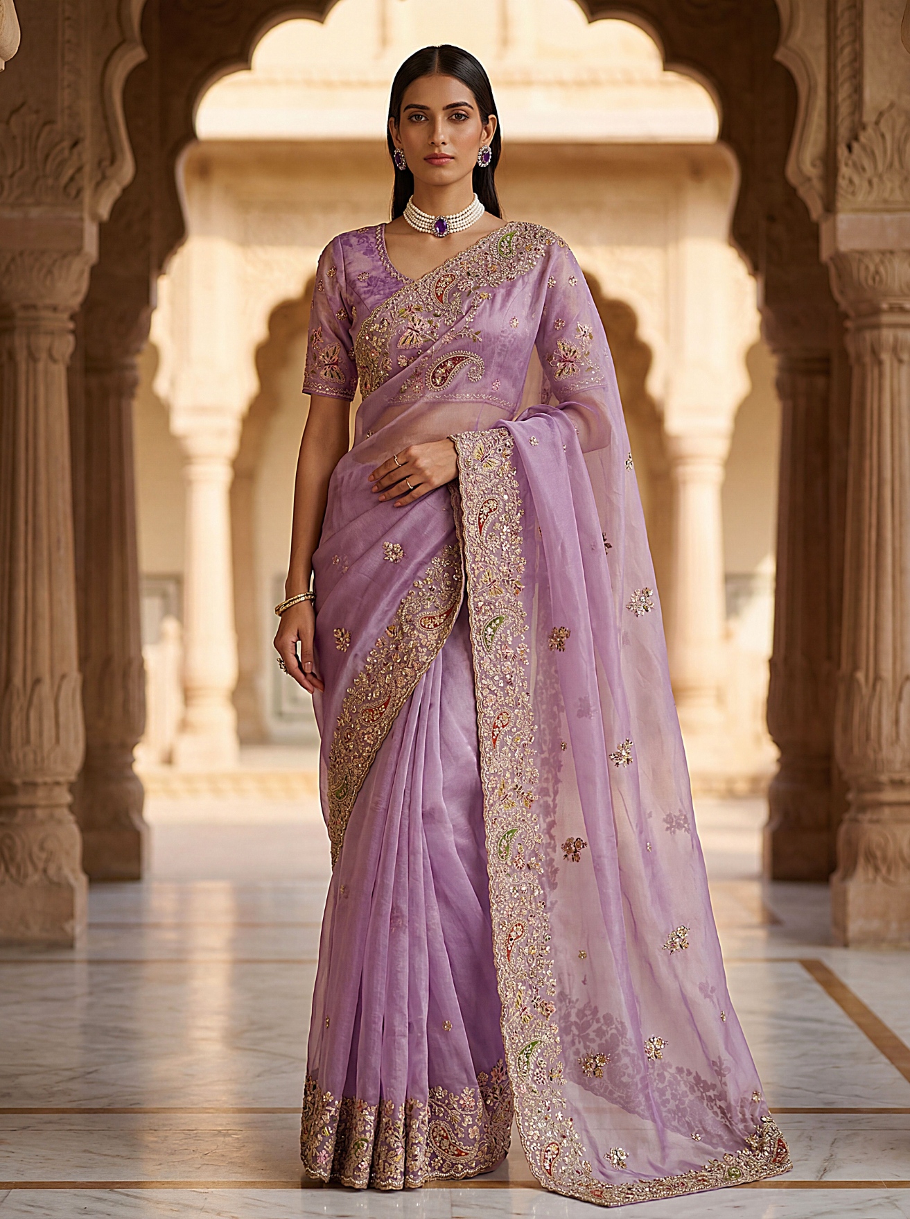 Light Purple Ethnic Motif Embroidered Gabana Silk Saree