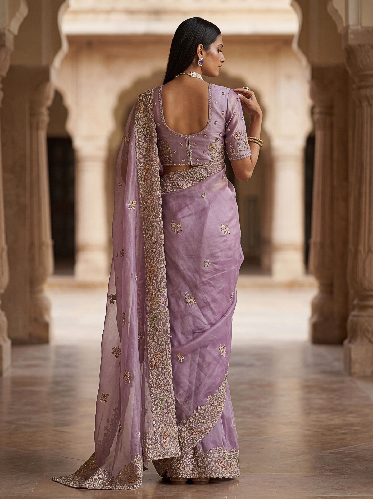 Light Purple Ethnic Motif Embroidered Gabana Silk Saree — alternate view