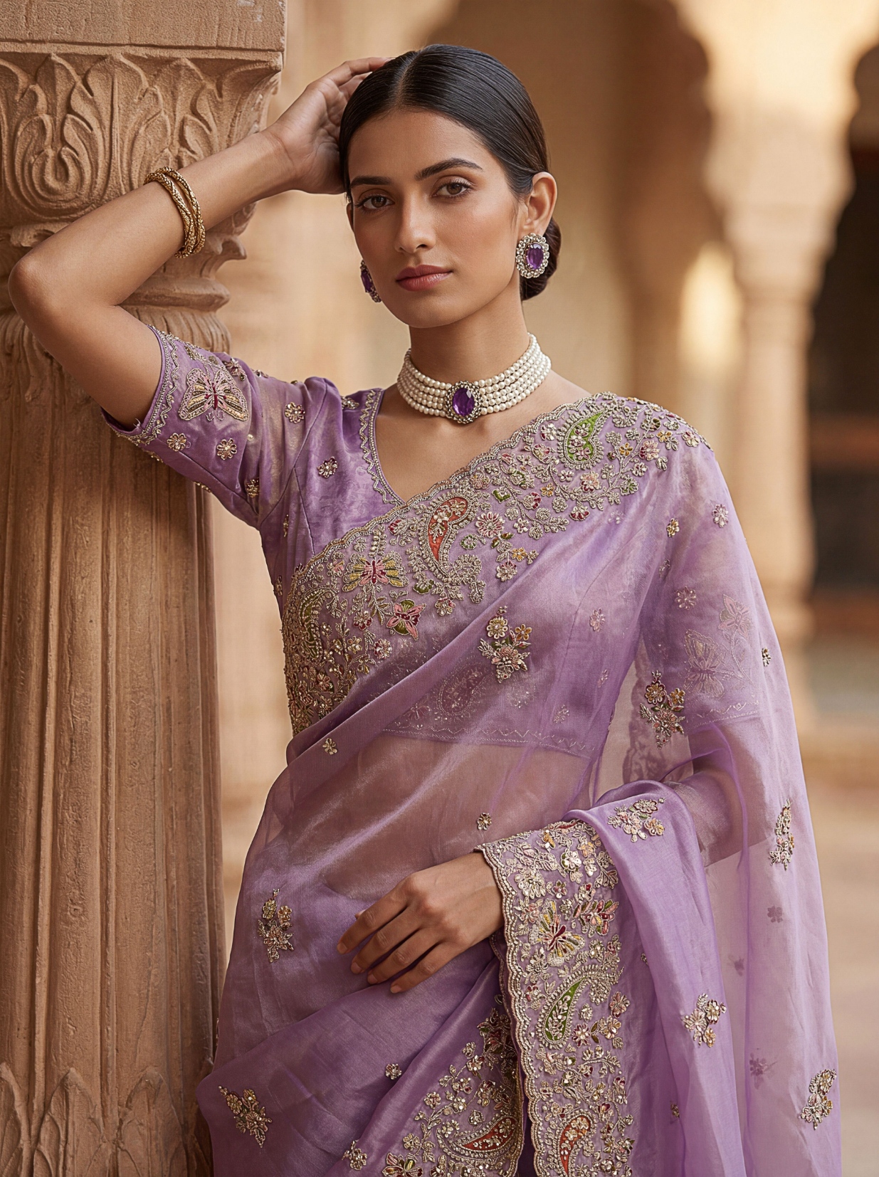 Light Purple Ethnic Motif Embroidered Gabana Silk Saree