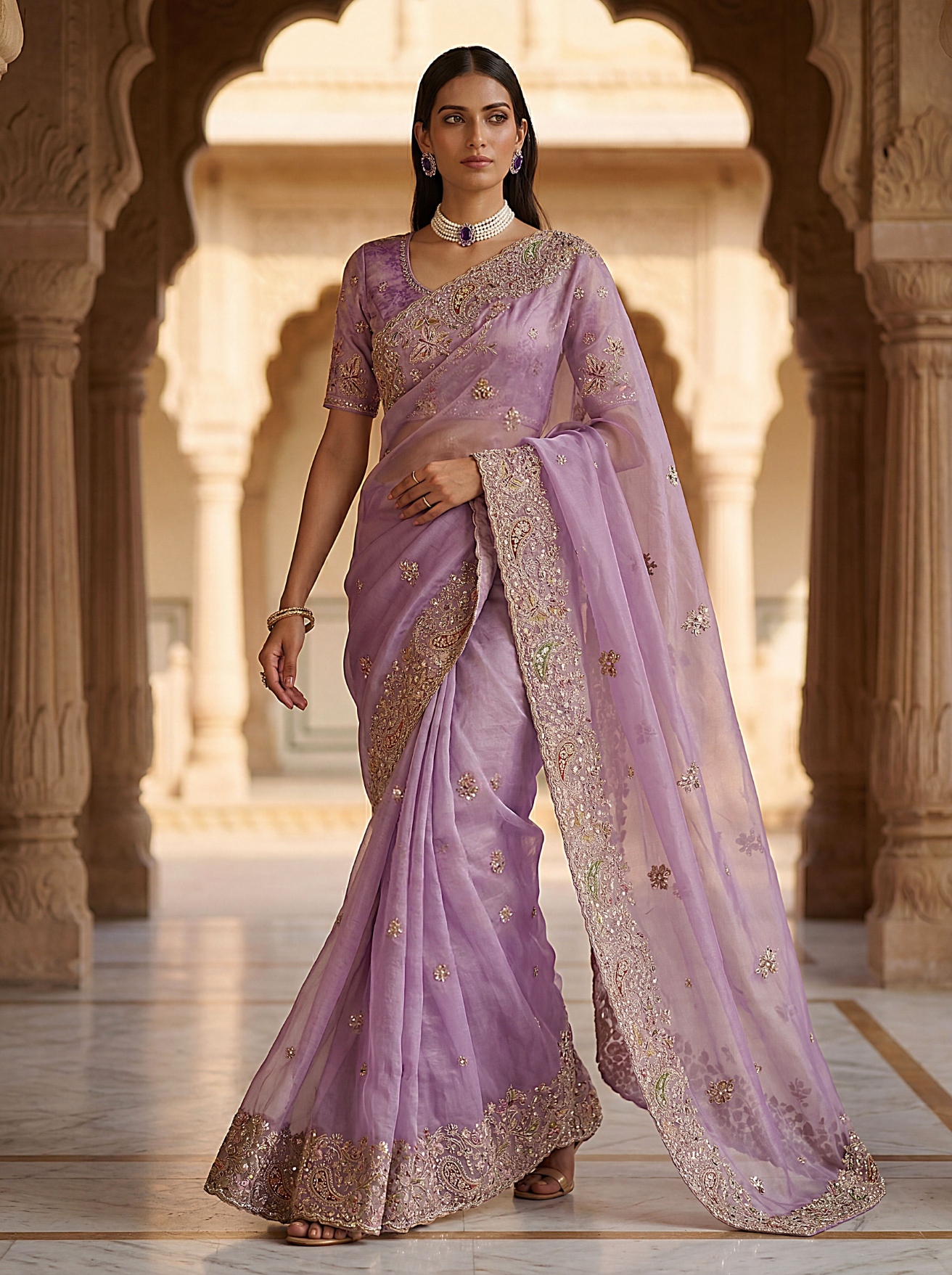 Light Purple Ethnic Motif Embroidered Gabana Silk Saree