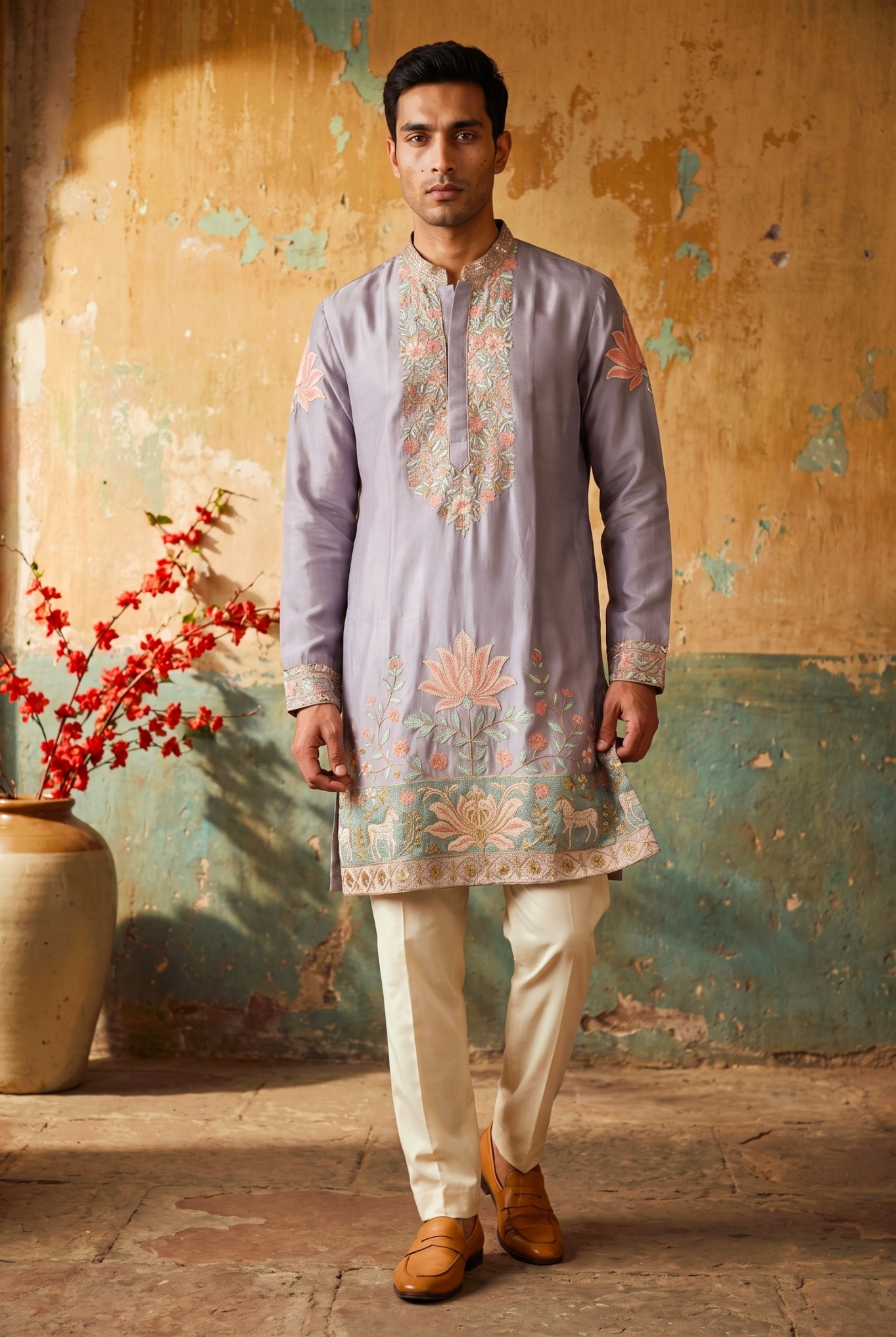 Light Purple Floral Embroidered Silk Kurta Pyjama