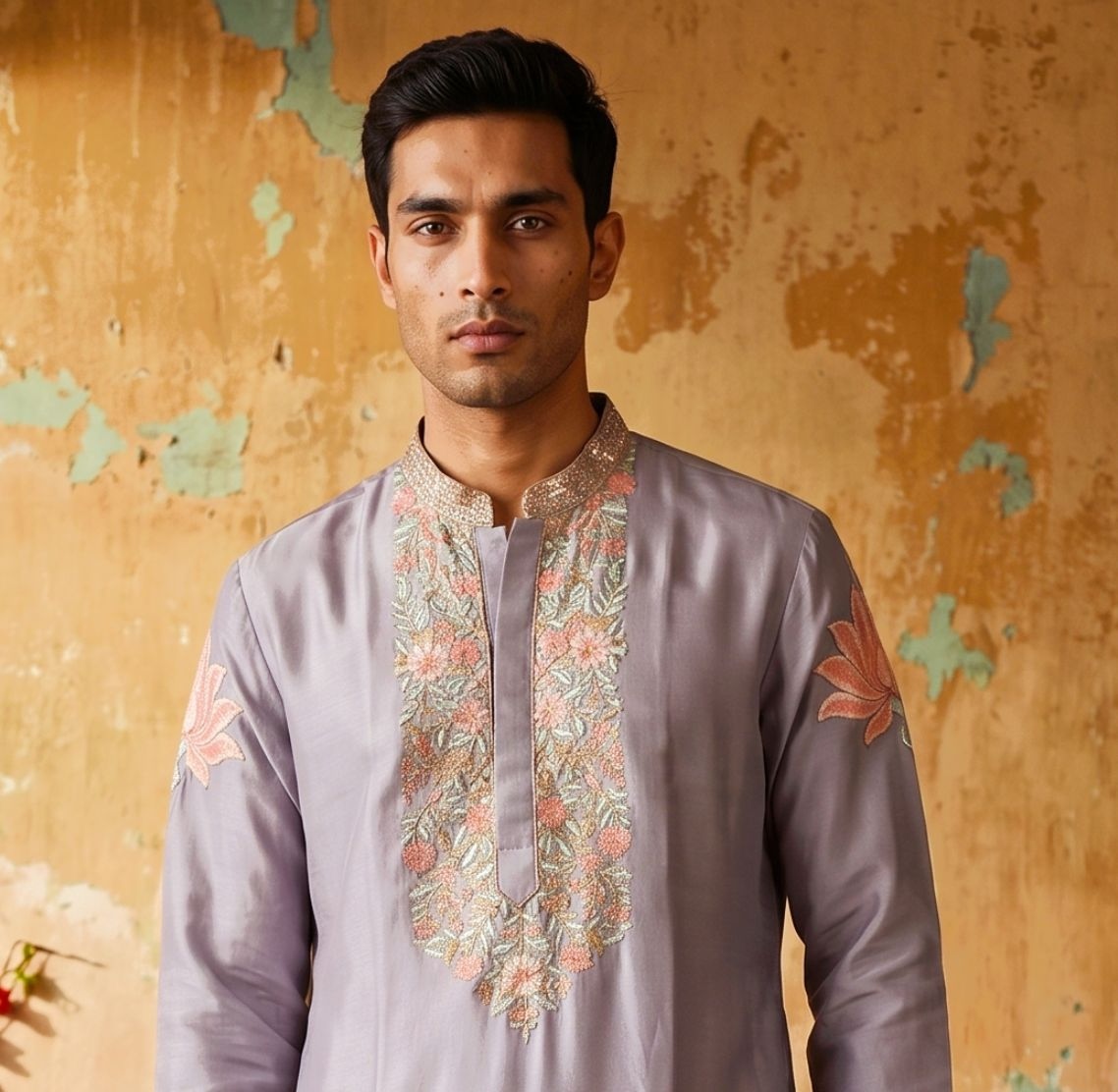 Light Purple Floral Embroidered Silk Kurta Pyjama