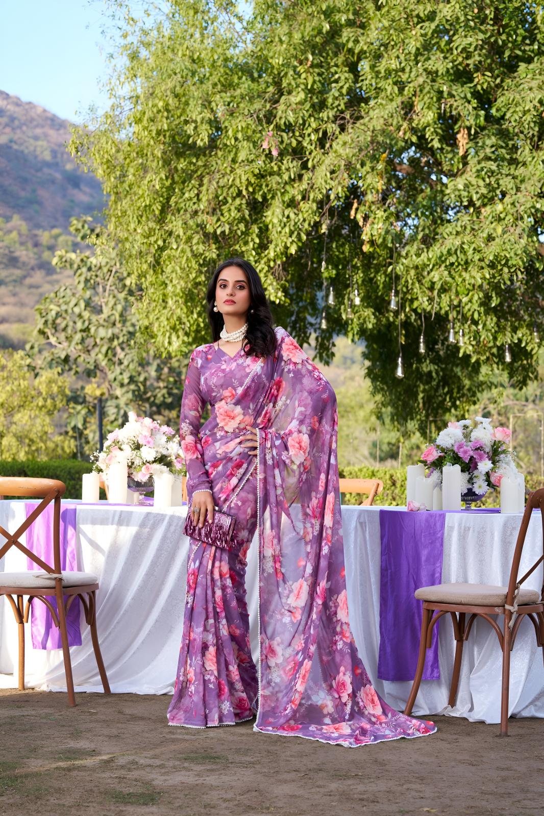 Light Purple Georgette Floral Printed Ready To Wear Saree