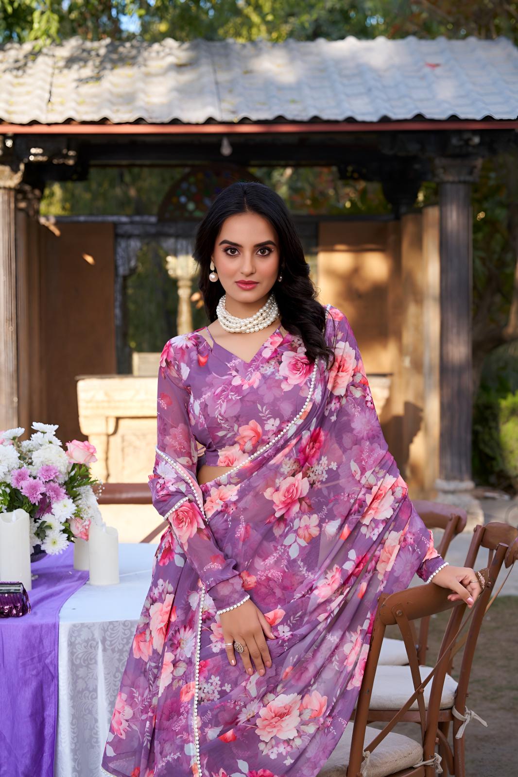 Light Purple Georgette Floral Printed Ready To Wear Saree — alternate view