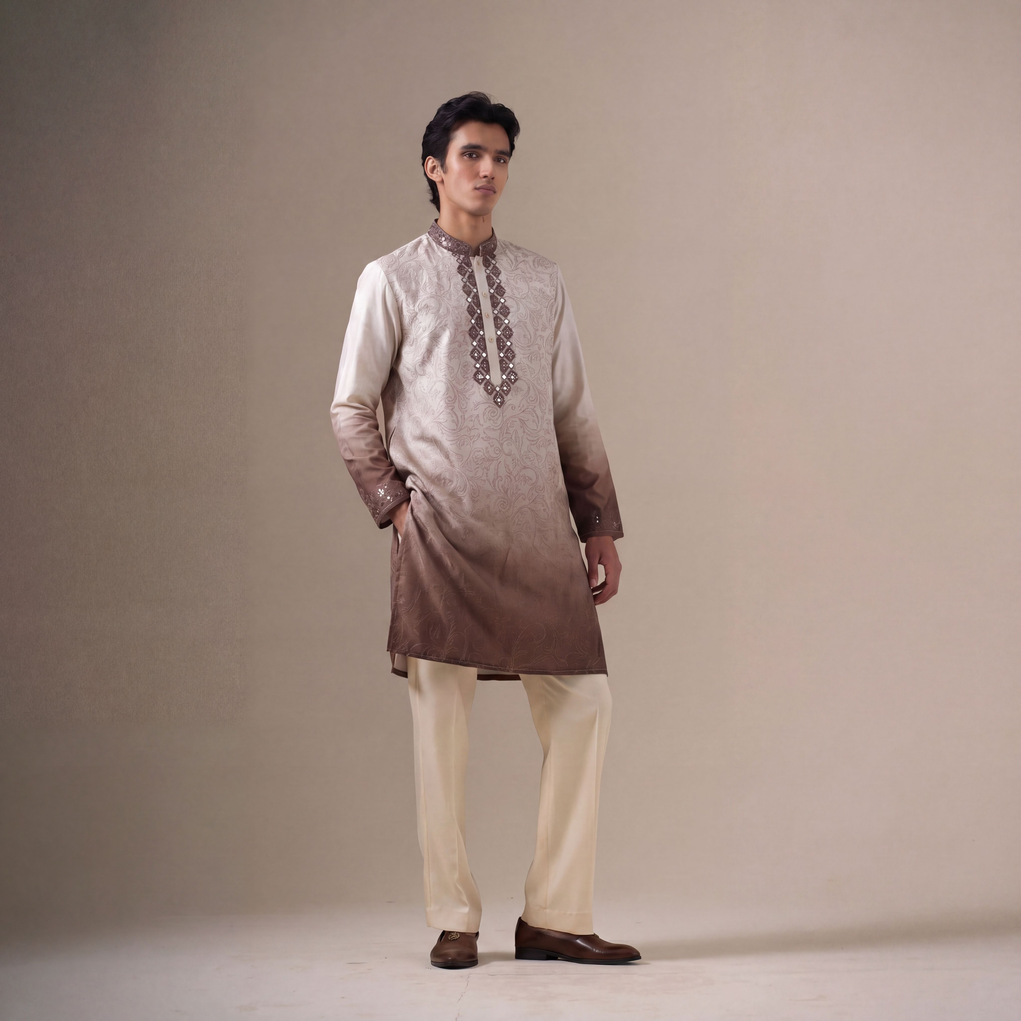 Light Purple Paisley Embroidery Silk Kurta Pyjama