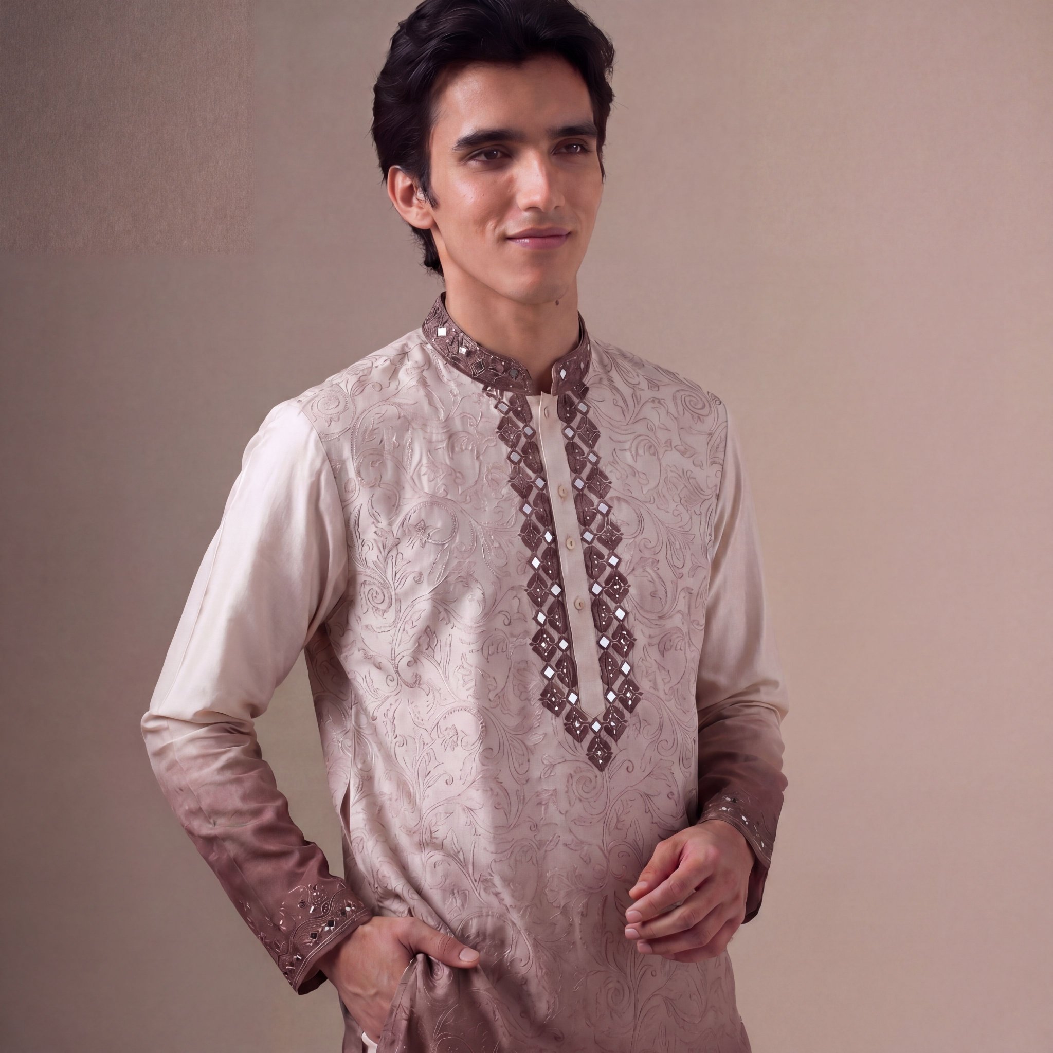 Light Purple Paisley Embroidery Silk Kurta Pyjama