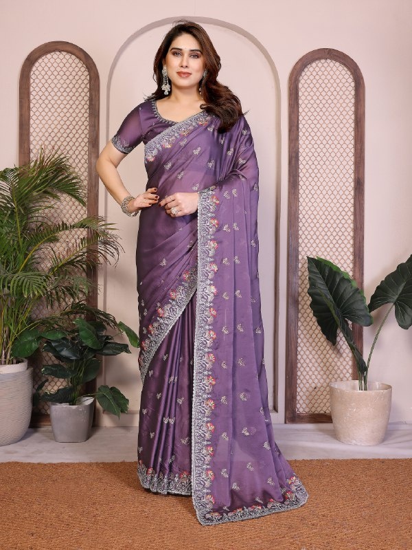 Light Purple Rangoli Silk Floral Embroidered Fluid Saree