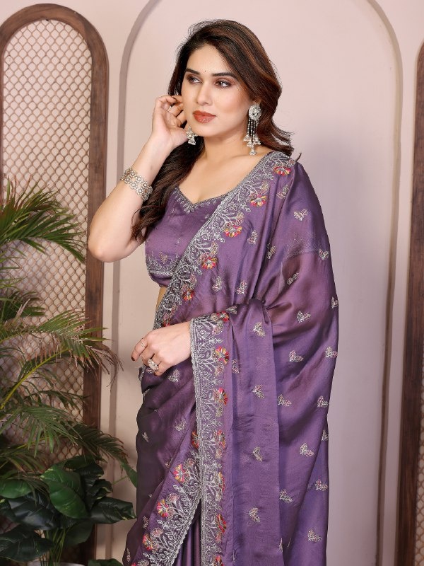Light Purple Rangoli Silk Floral Embroidered Fluid Saree