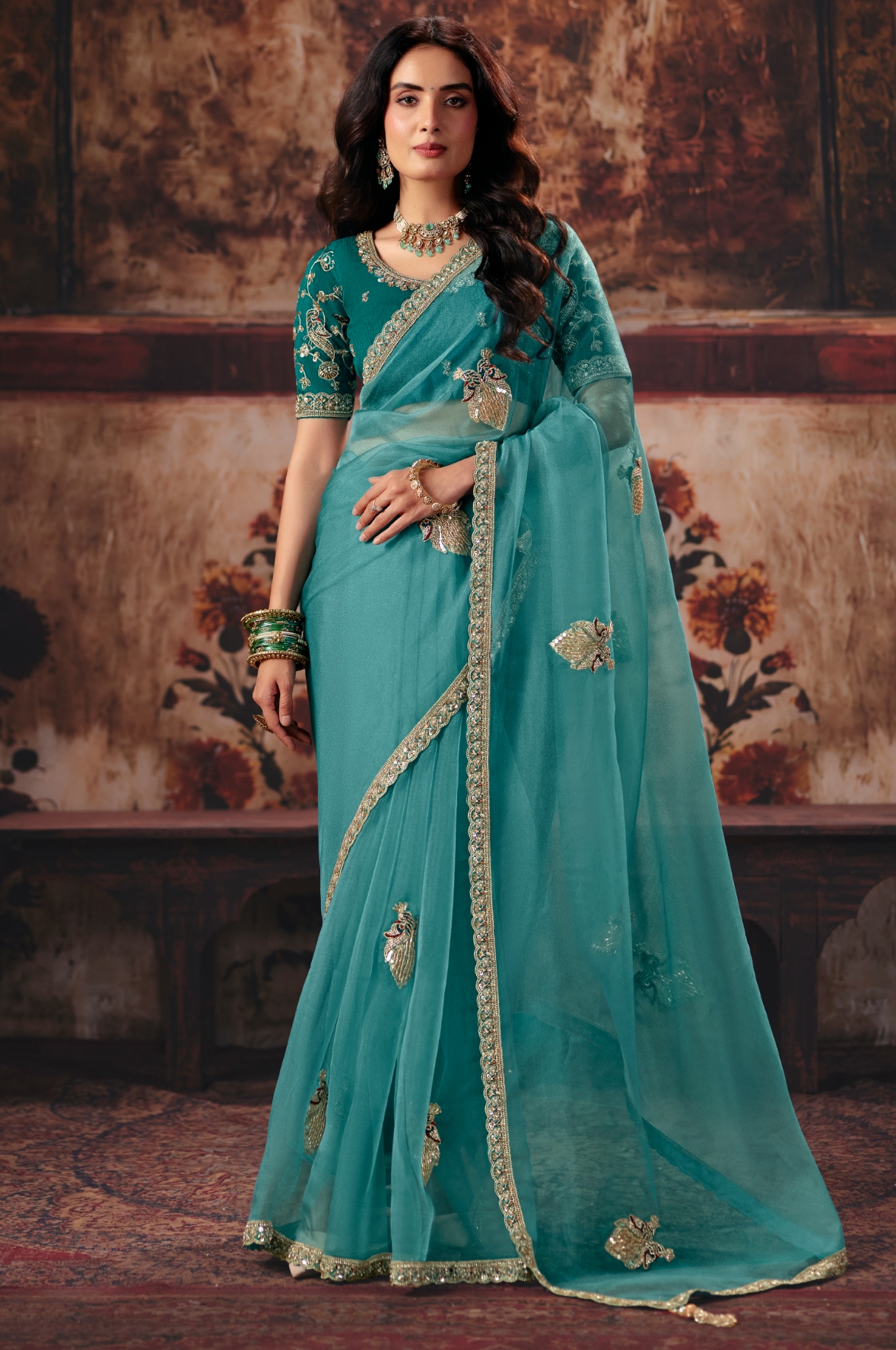Light Teal Hand Work Organza Saree