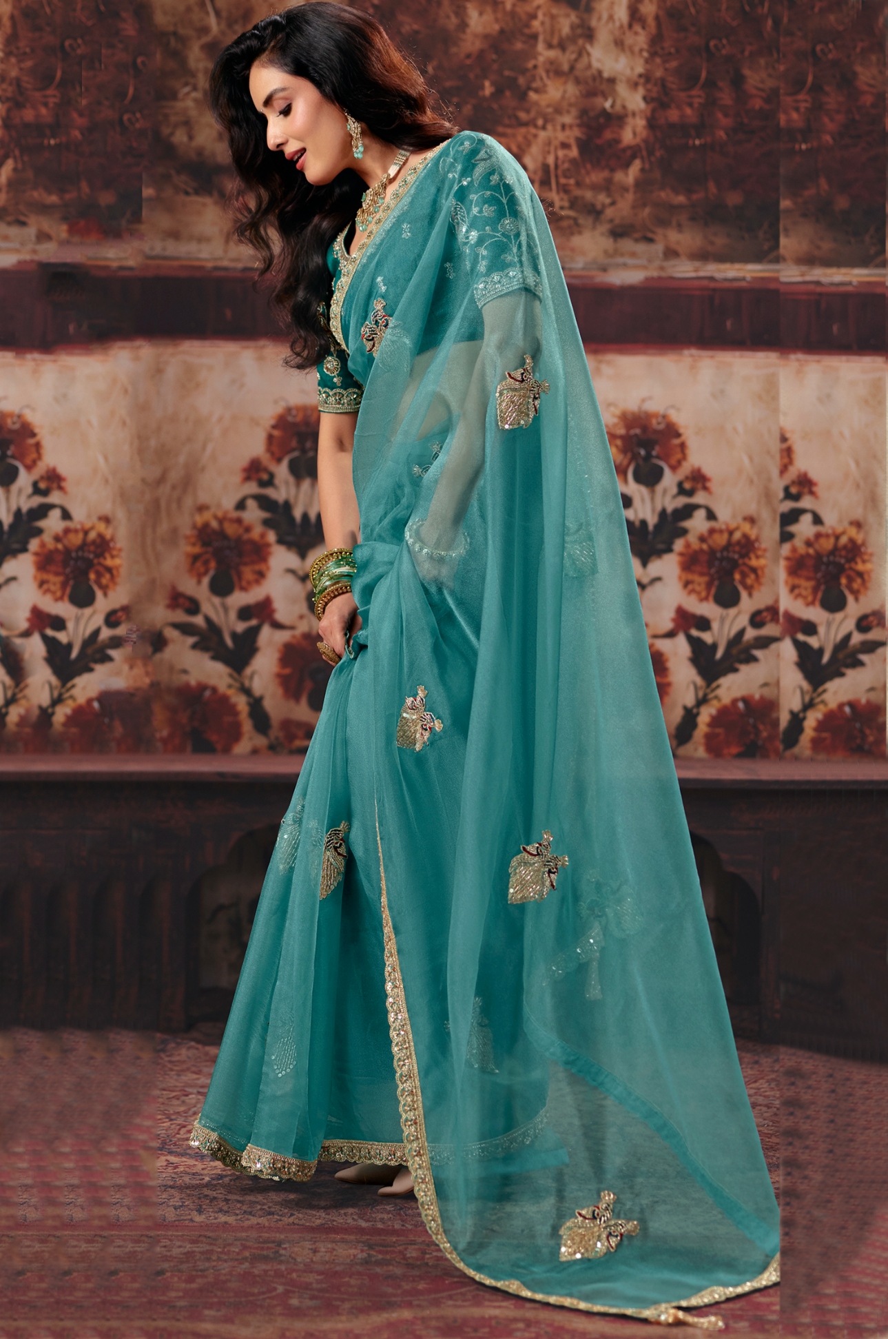 Light Teal Hand Work Organza Saree