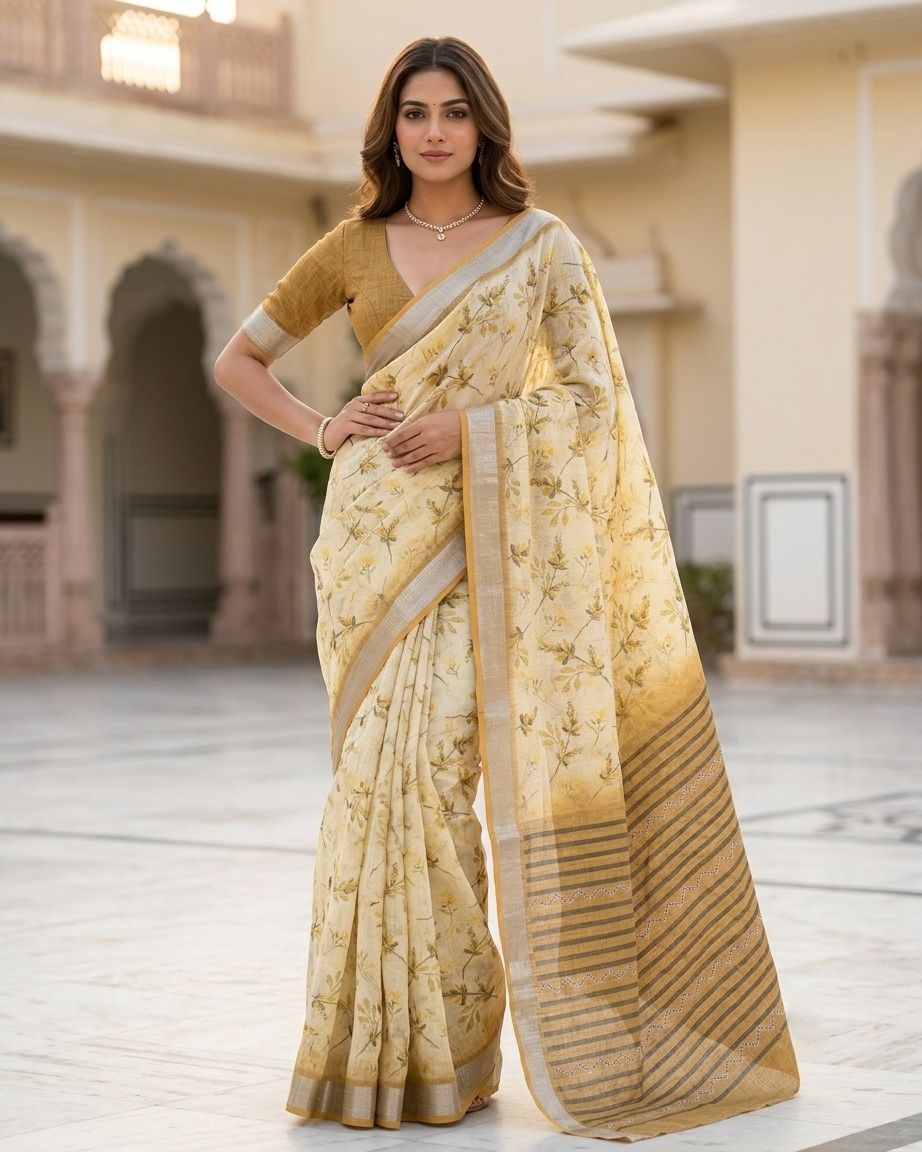 Light Yellow Floral Printed Lichi Silk Saree