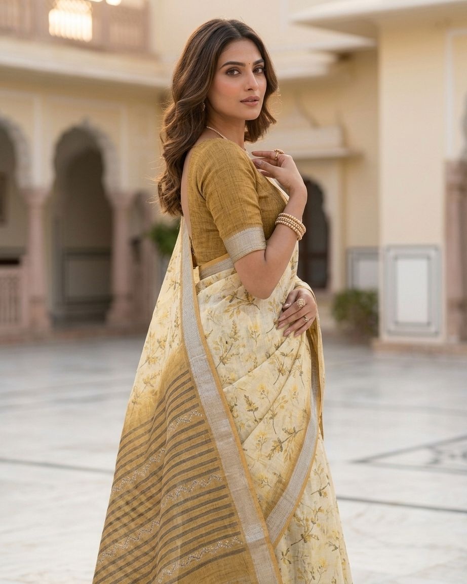 Light Yellow Floral Printed Lichi Silk Saree — alternate view