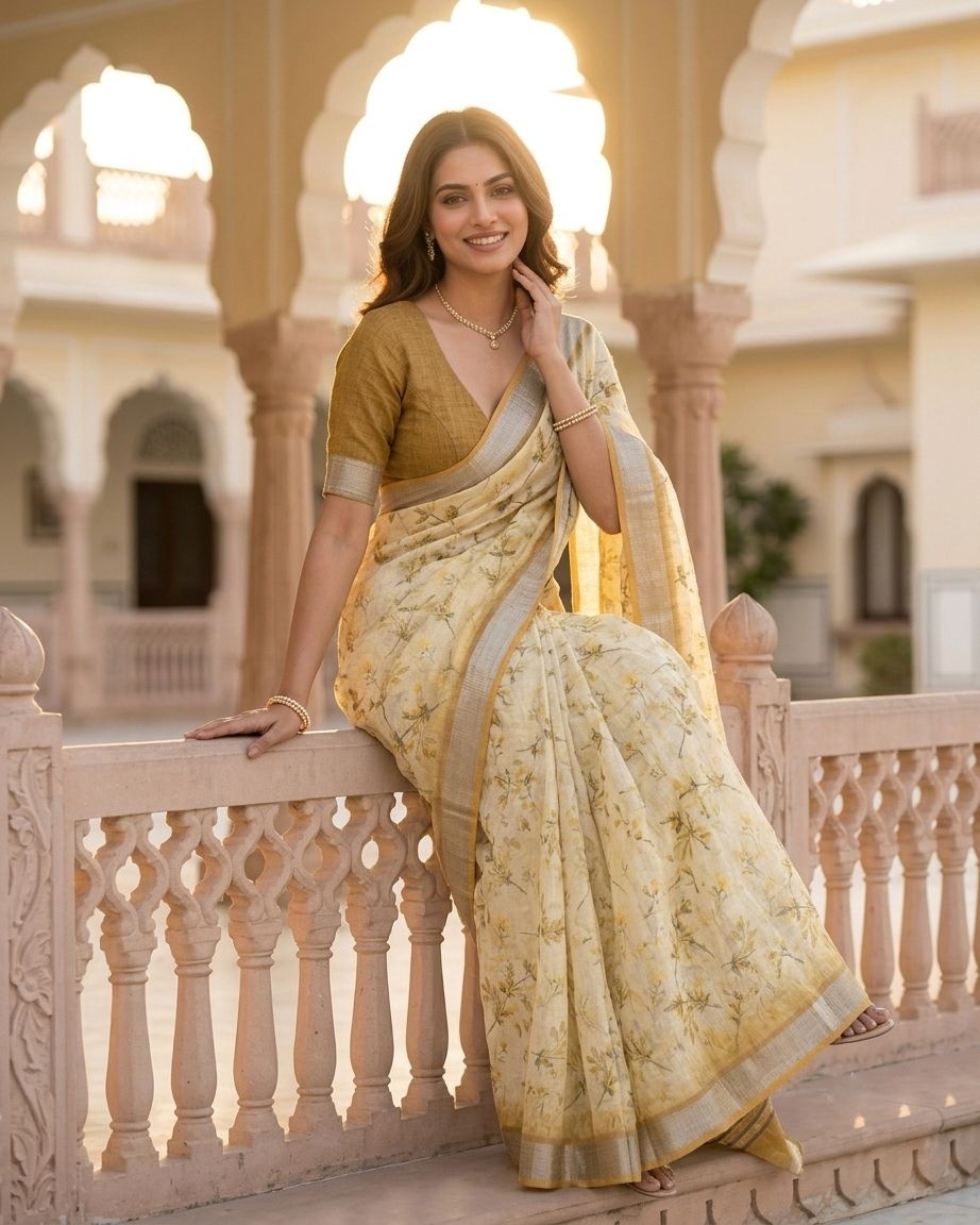 Light Yellow Floral Printed Lichi Silk Saree