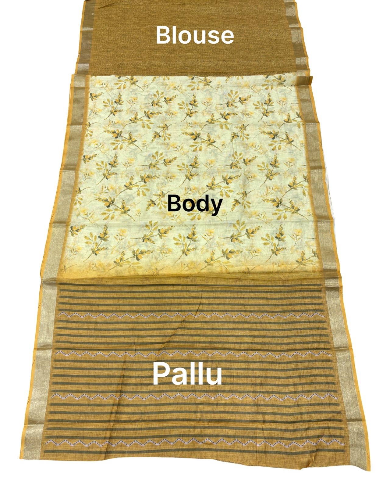 Light Yellow Floral Printed Lichi Silk Saree