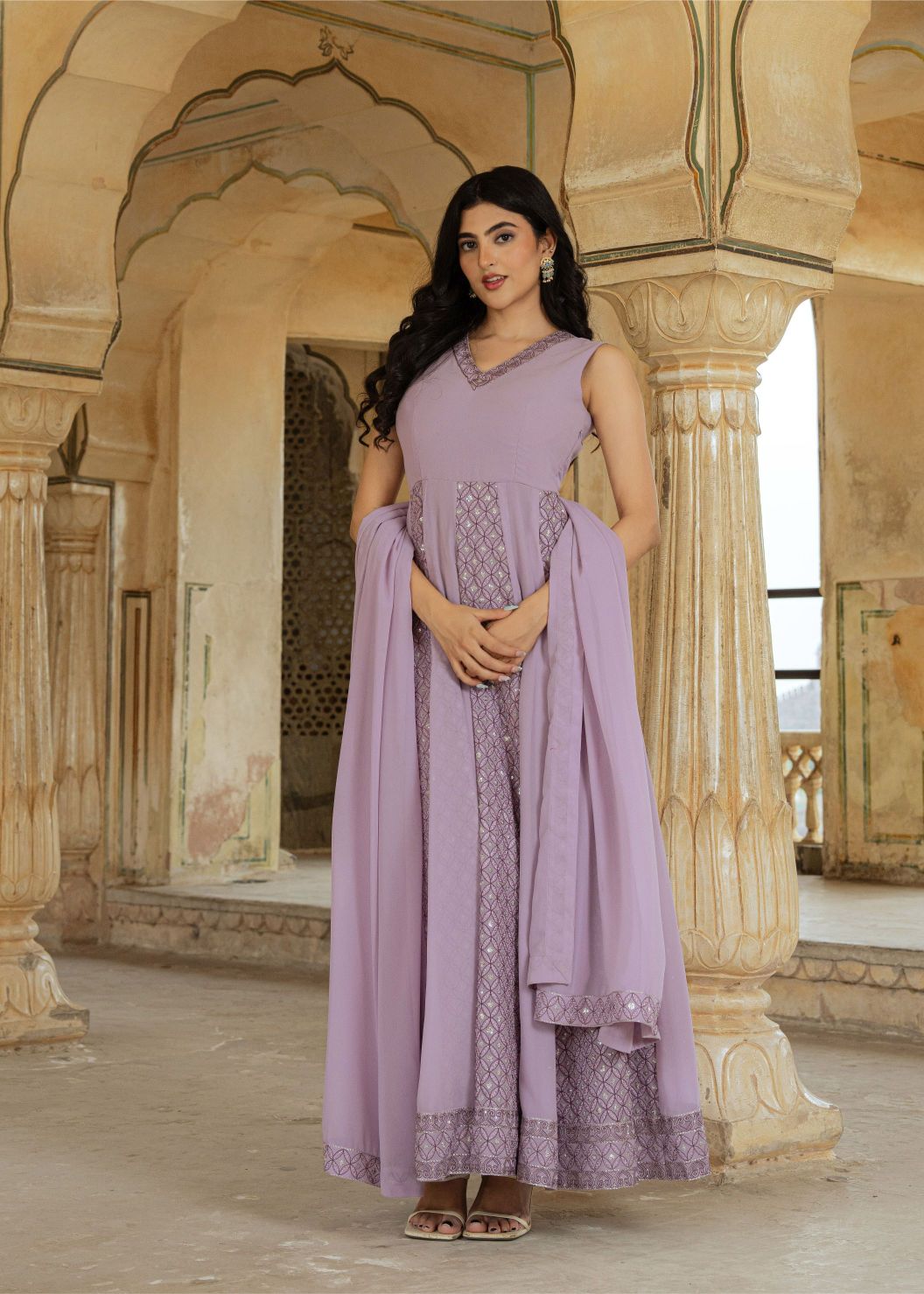 Lilac Georgette Embroidered Gown