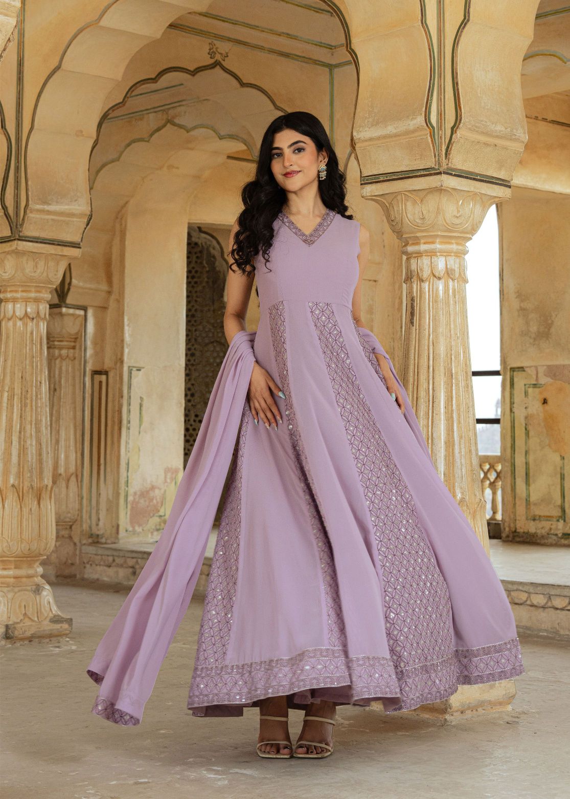 Lilac Georgette Embroidered Gown