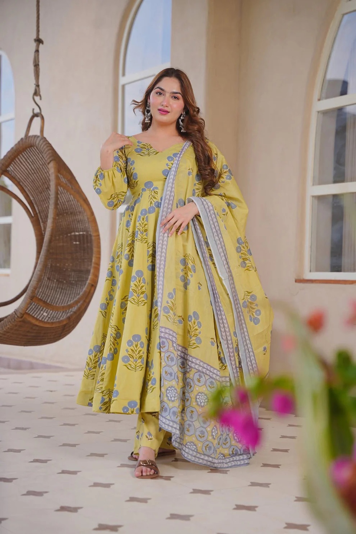 Lime Green Floral Printed Anarkali Suit