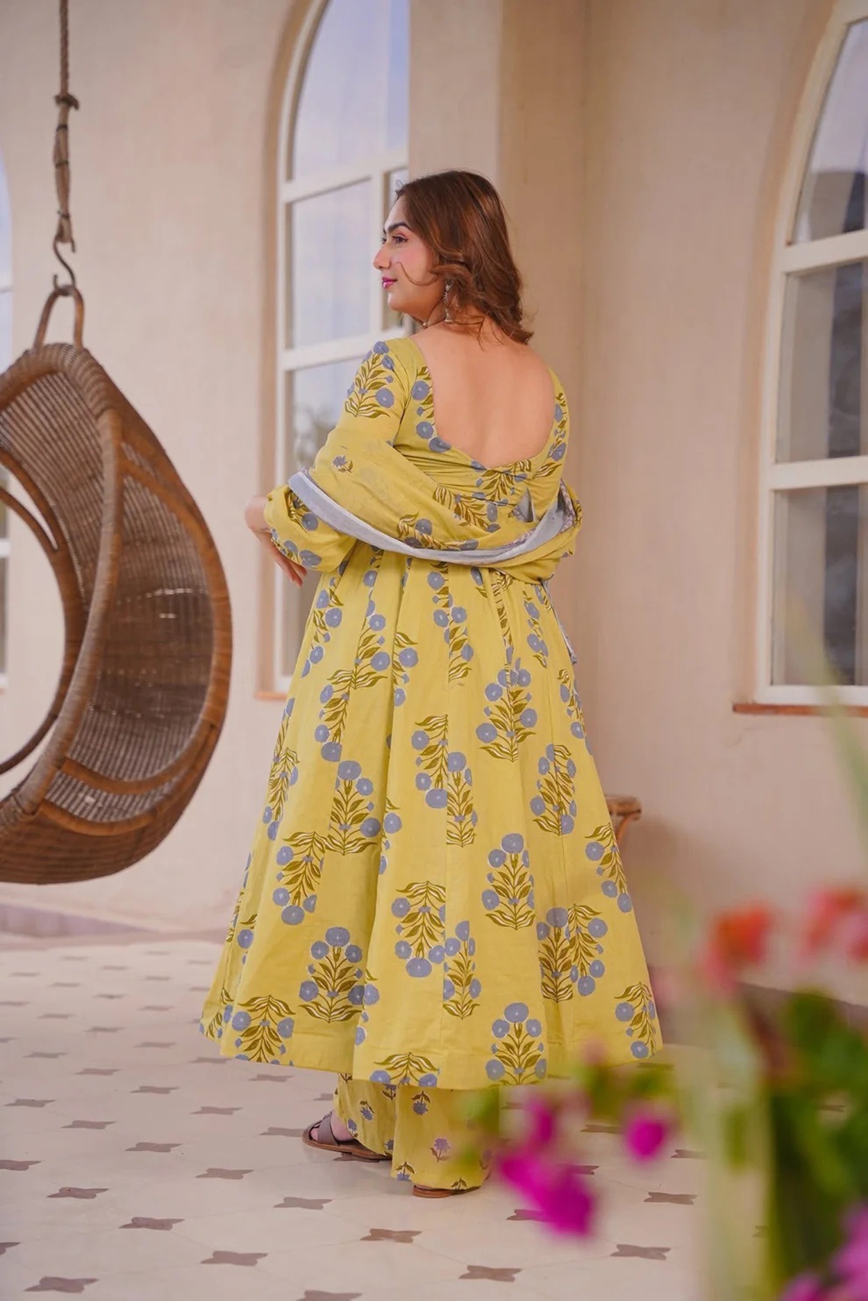 Lime Green Floral Printed Anarkali Suit — alternate view