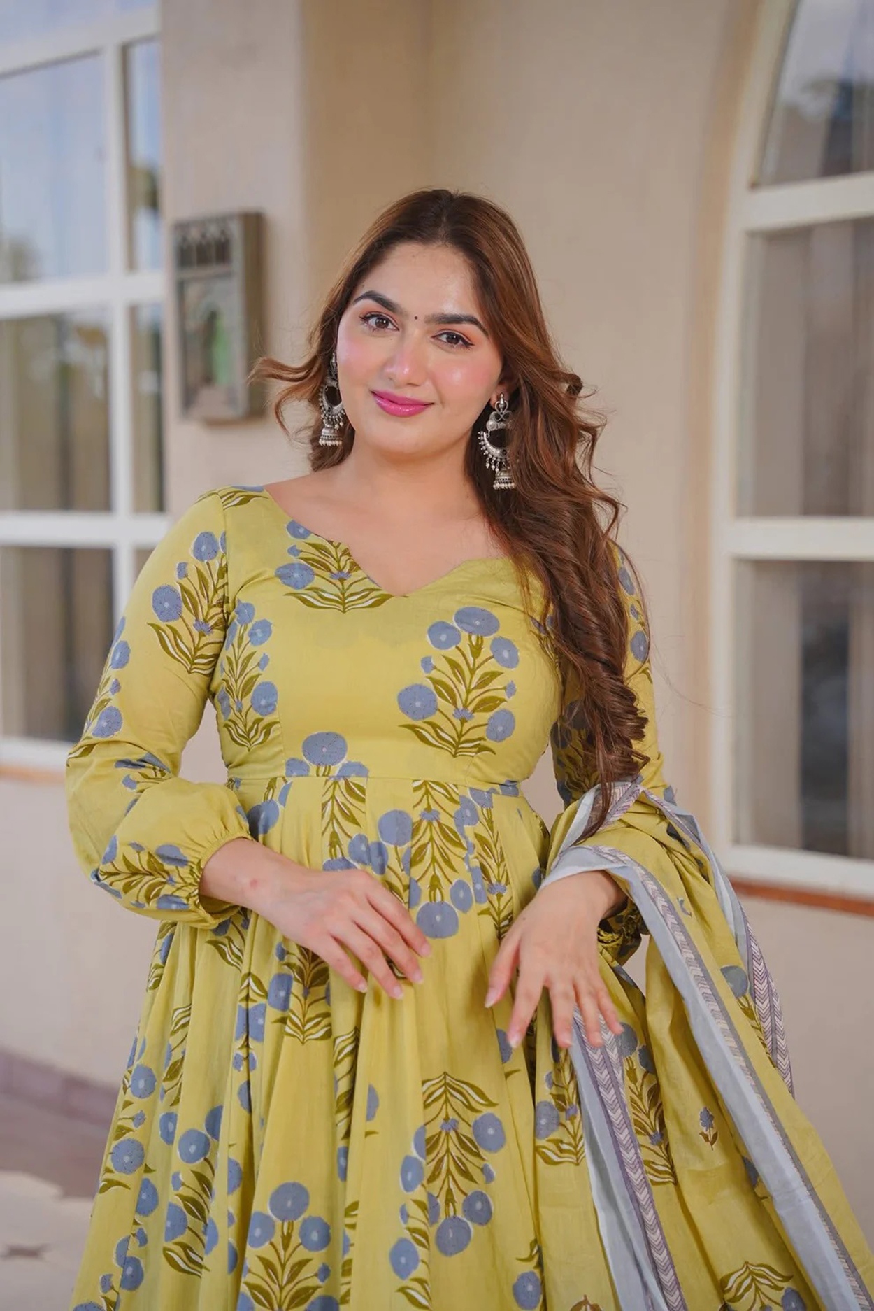 Lime Green Floral Printed Anarkali Suit