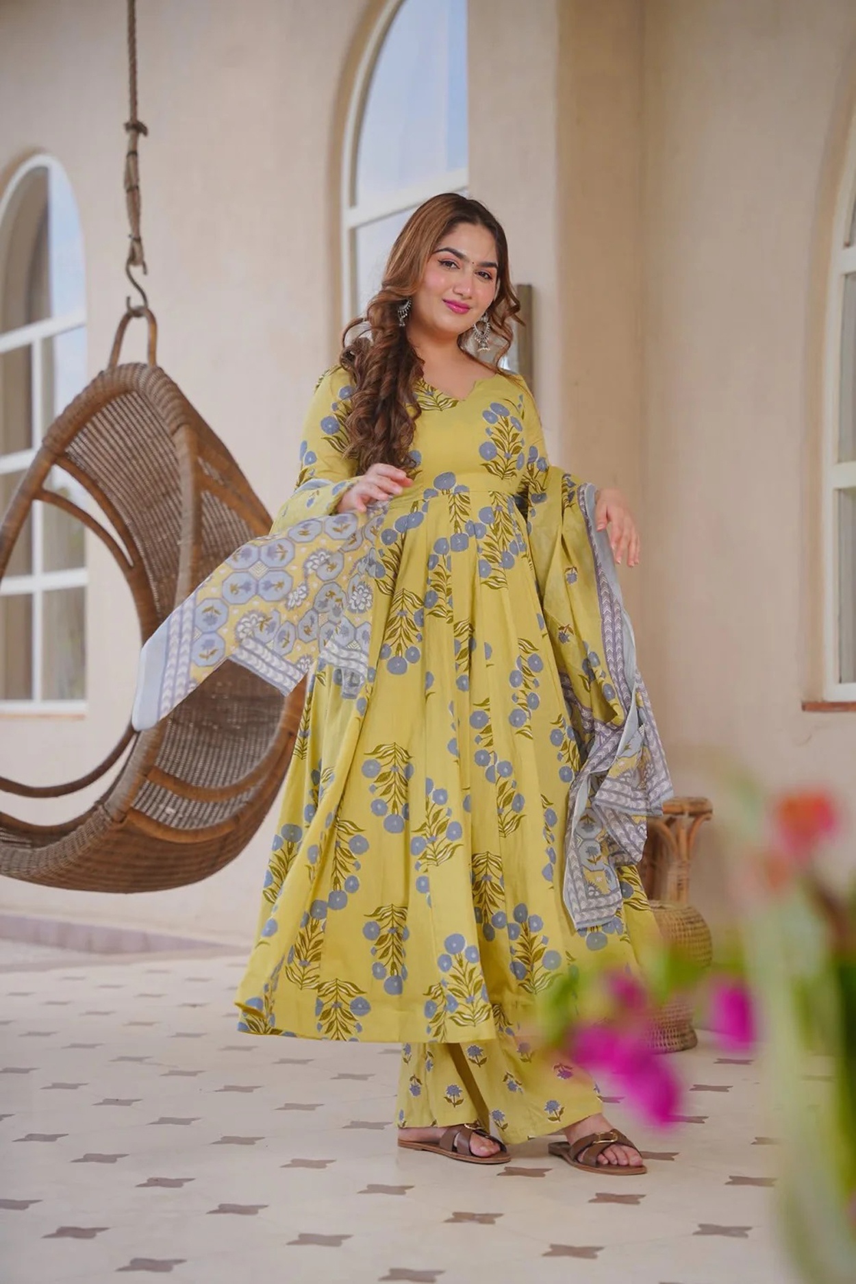 Lime Green Floral Printed Anarkali Suit