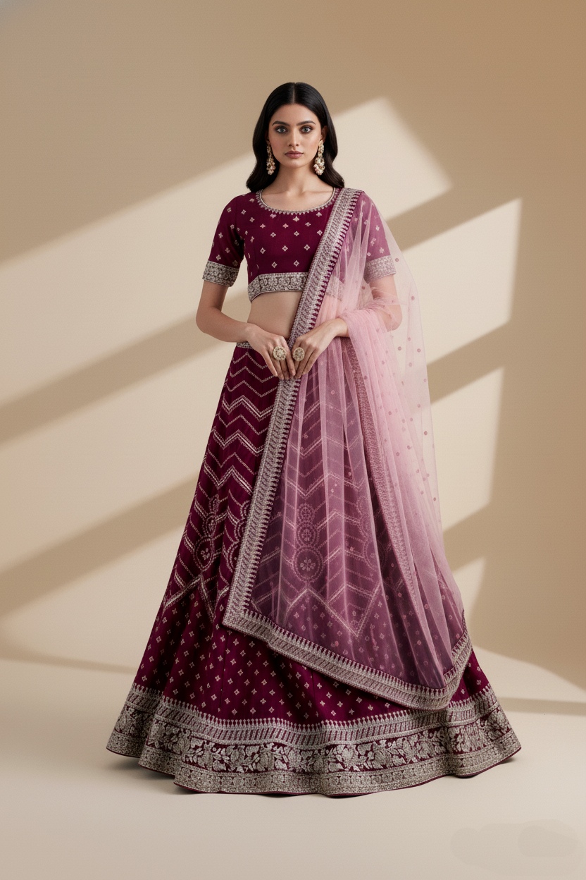 Magenta Bandhani Style Embroidered Lehenga