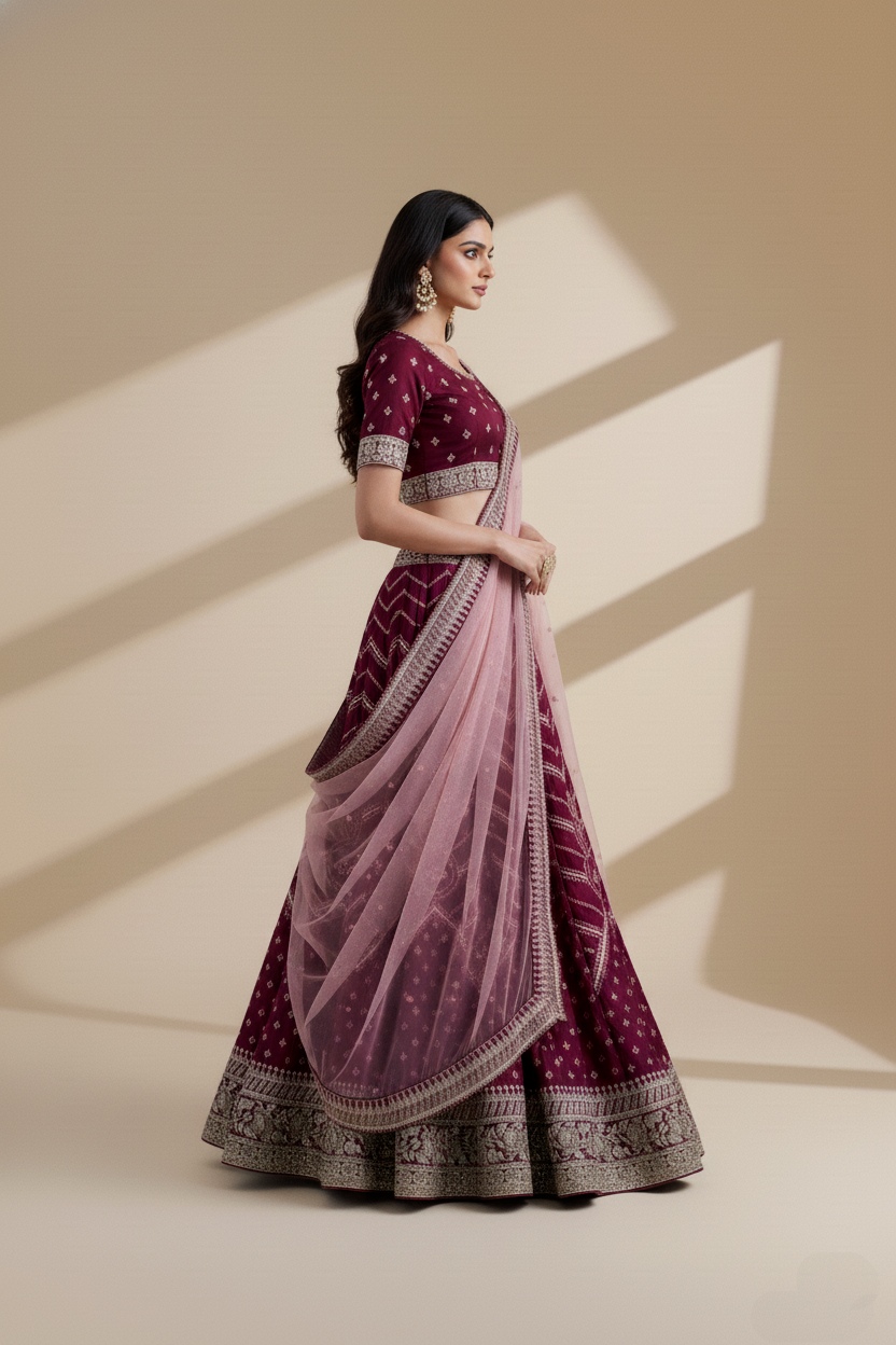 Magenta Bandhani Style Embroidered Lehenga — alternate view