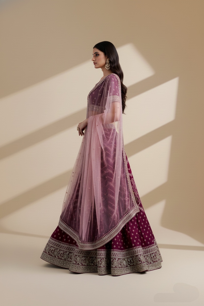 Magenta Bandhani Style Embroidered Lehenga
