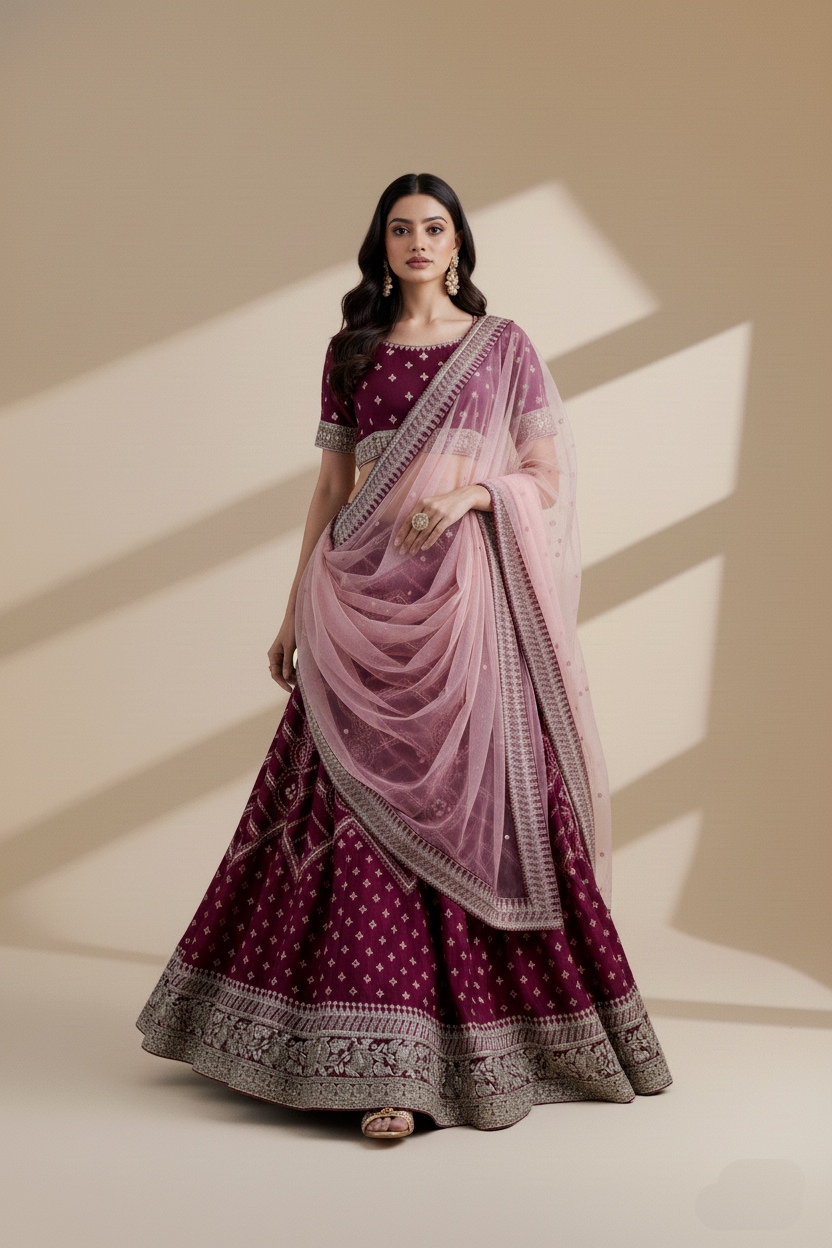 Magenta Bandhani Style Embroidered Lehenga