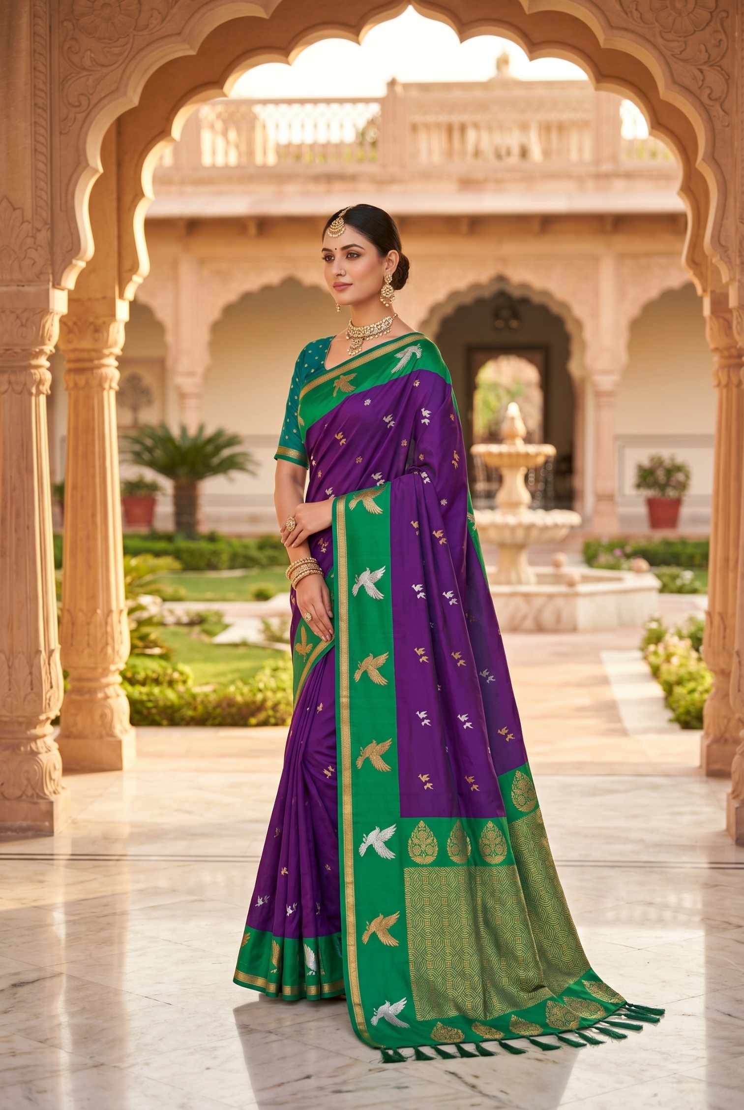 Magenta Bird Woven Soft Silk Saree