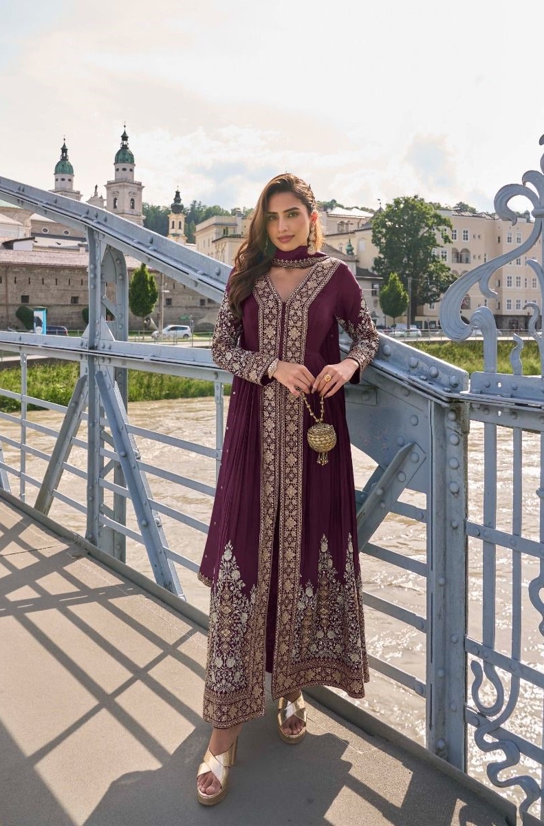 Magenta Chinon Embroidered Straight Pant Suit