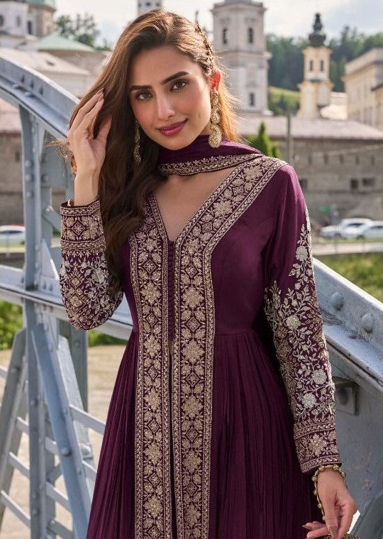 Magenta Chinon Embroidered Straight Pant Suit — alternate view
