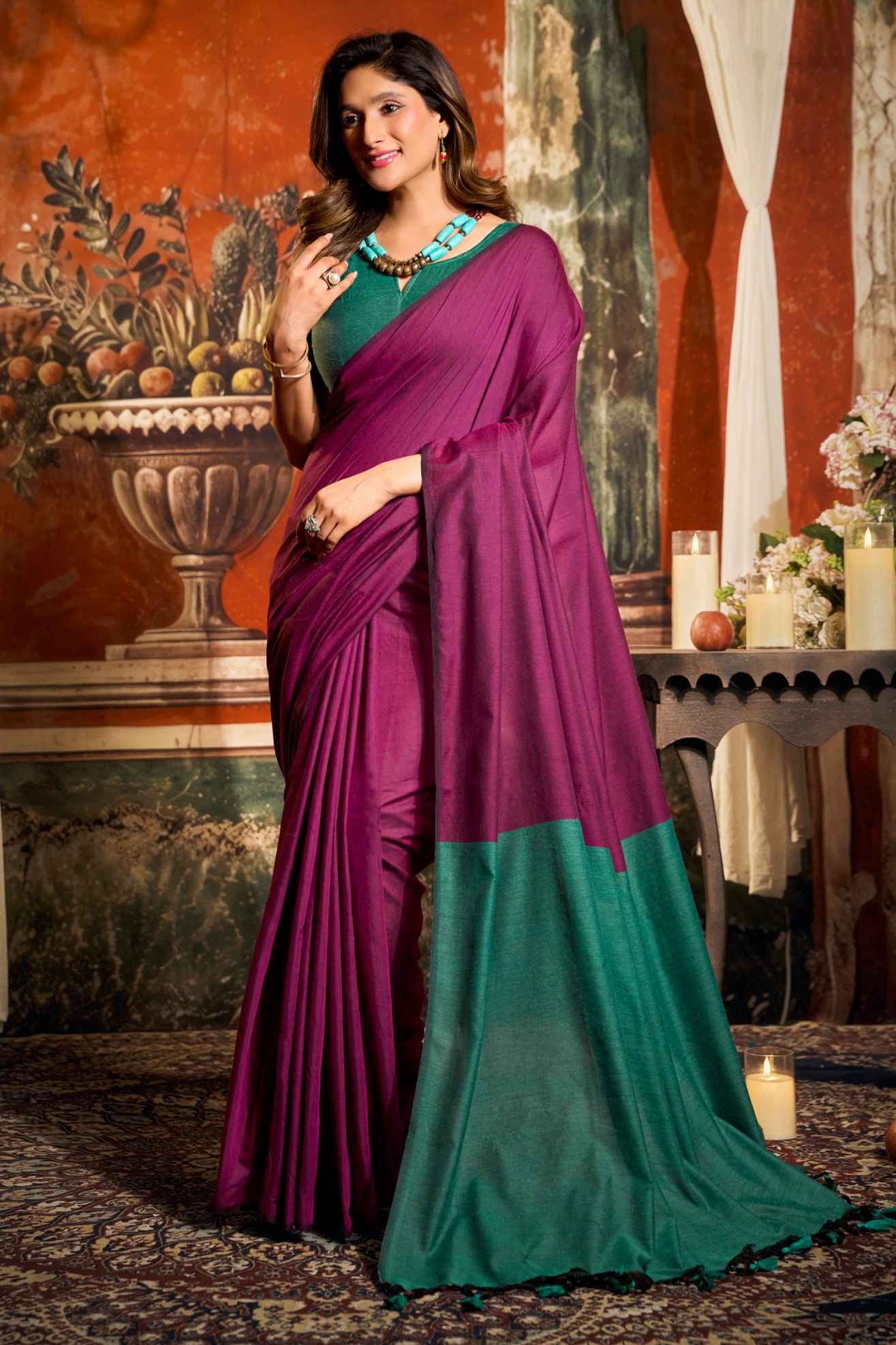 Magenta Contrast Tassel Mal Cotton Saree