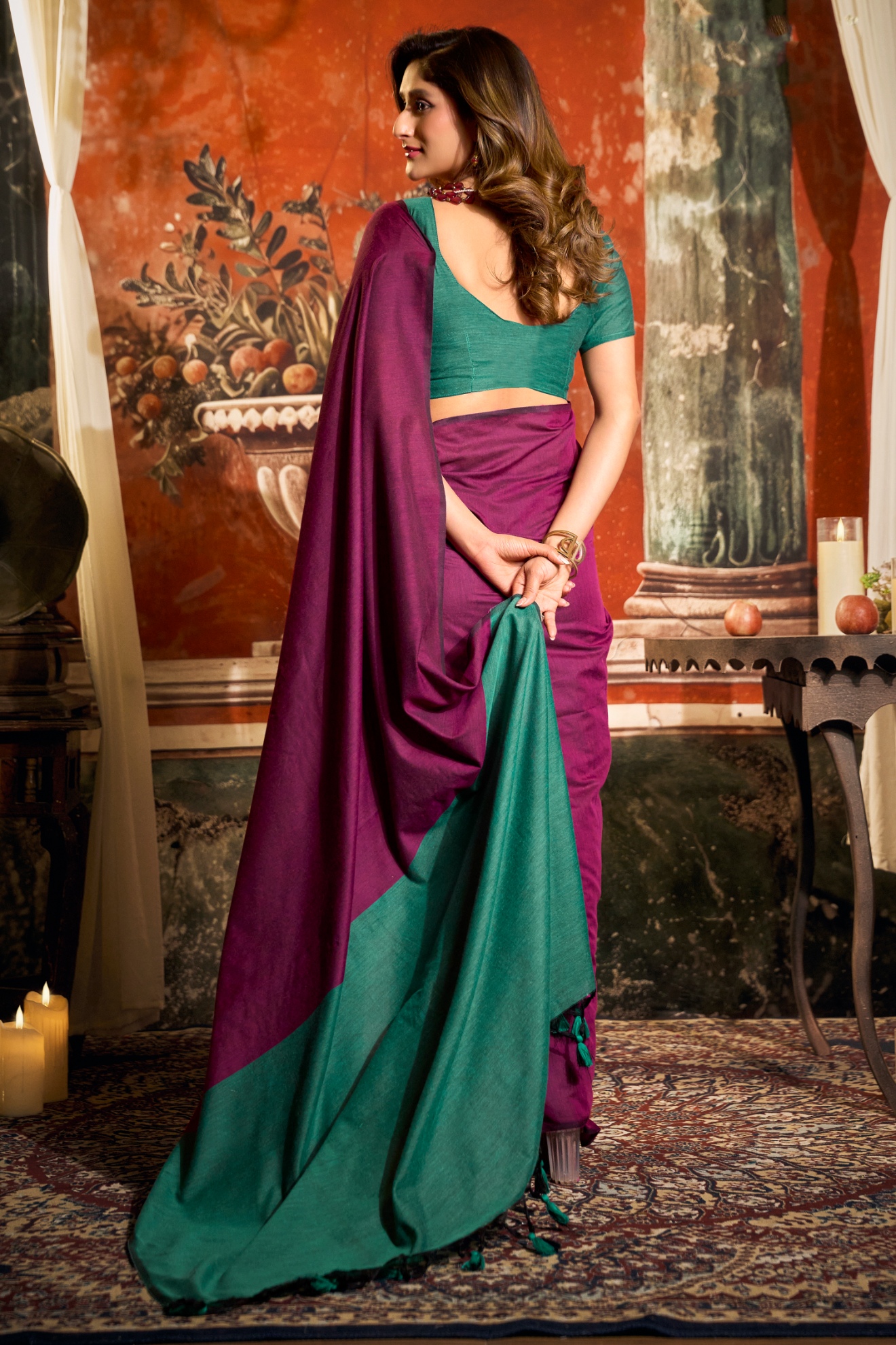 Magenta Contrast Tassel Mal Cotton Saree — alternate view