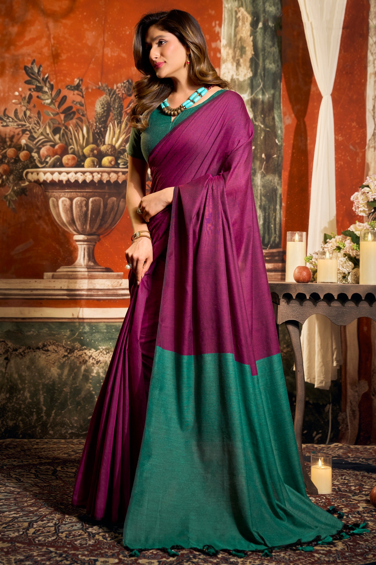 Magenta Contrast Tassel Mal Cotton Saree