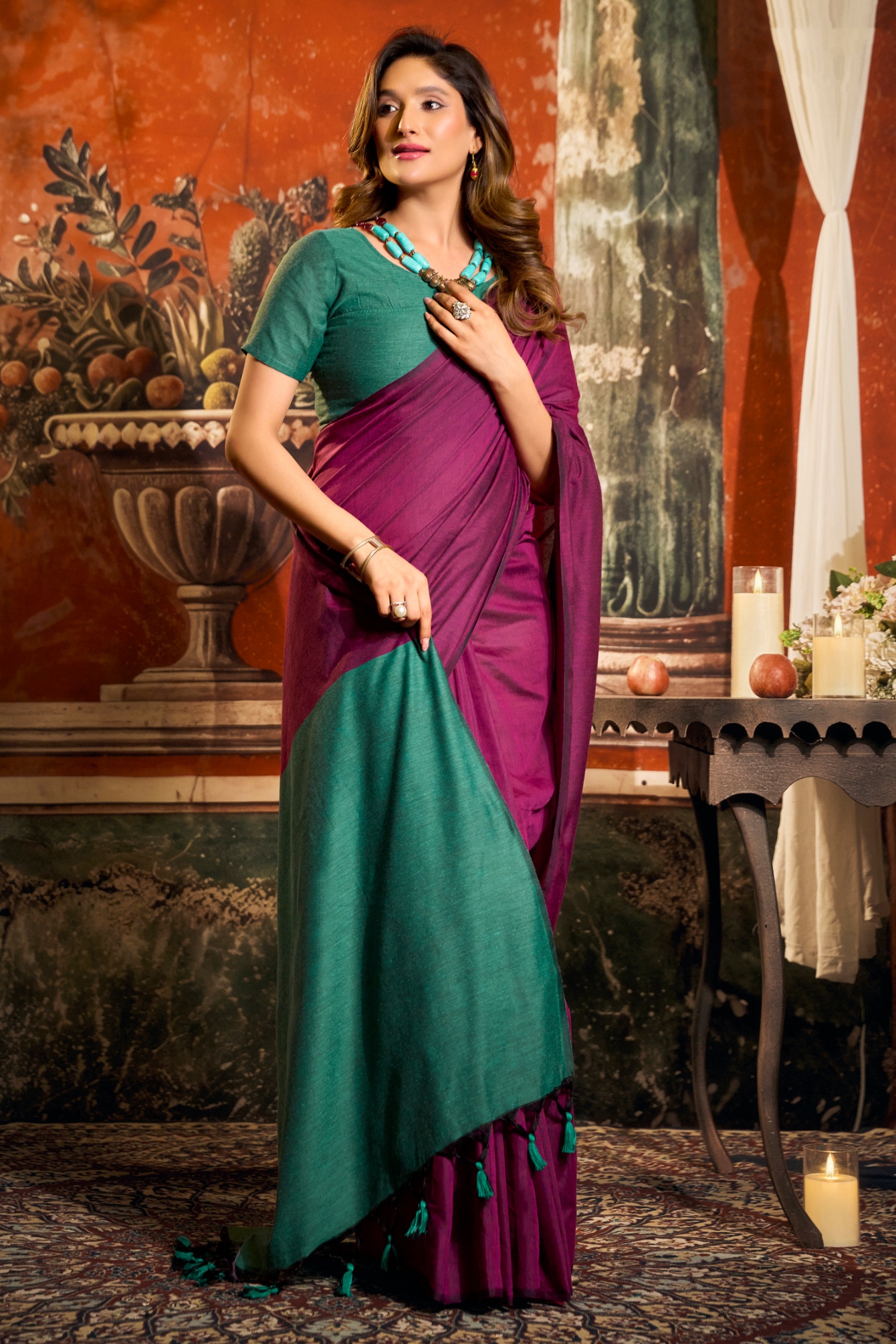 Magenta Contrast Tassel Mal Cotton Saree