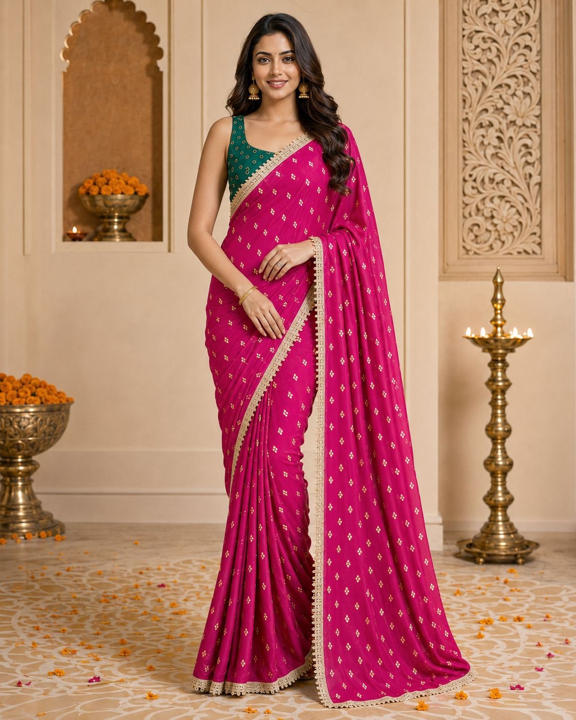 Magenta Designer Printed Georgette Ready To Wear Saree