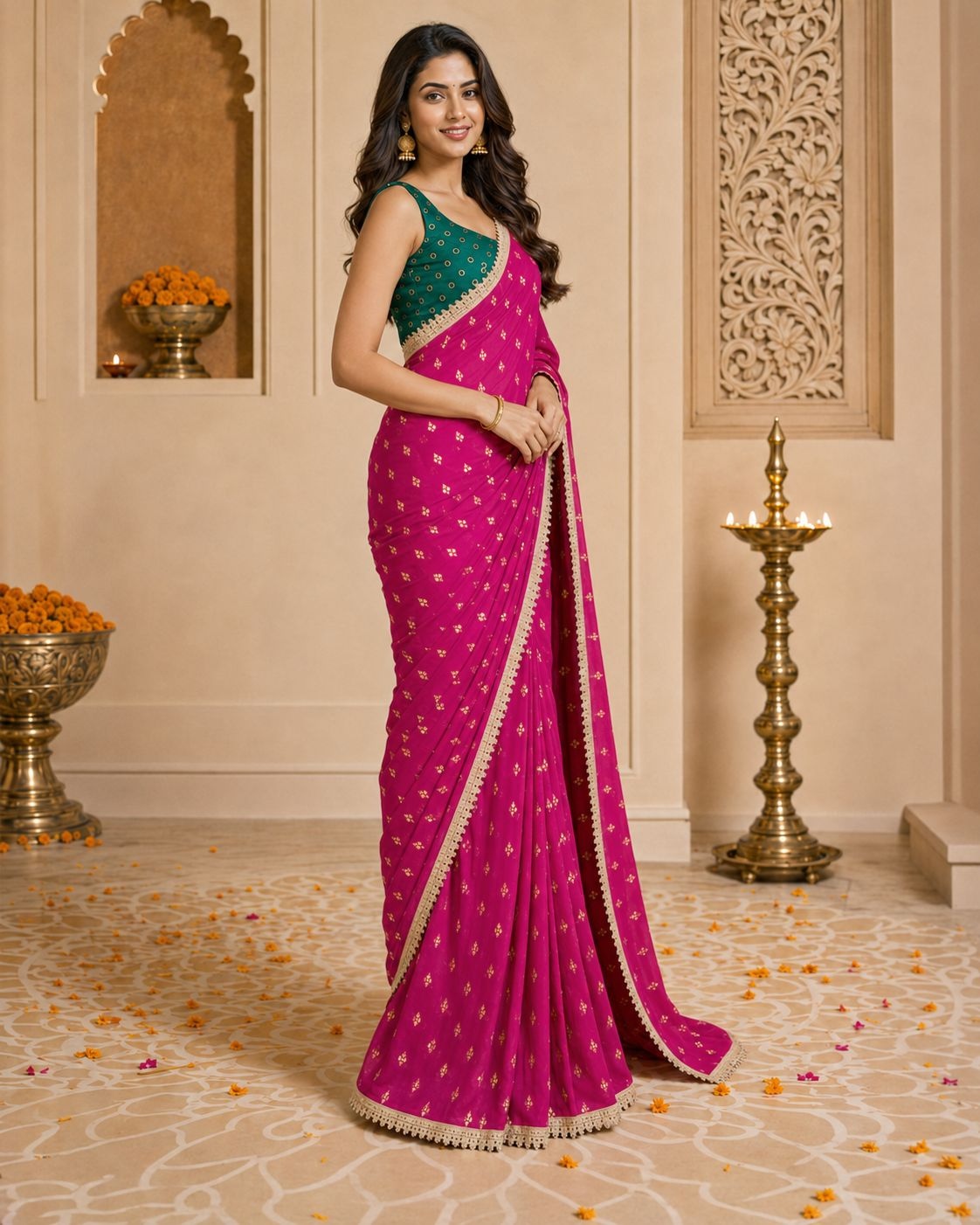 Magenta Designer Printed Georgette Ready To Wear Saree